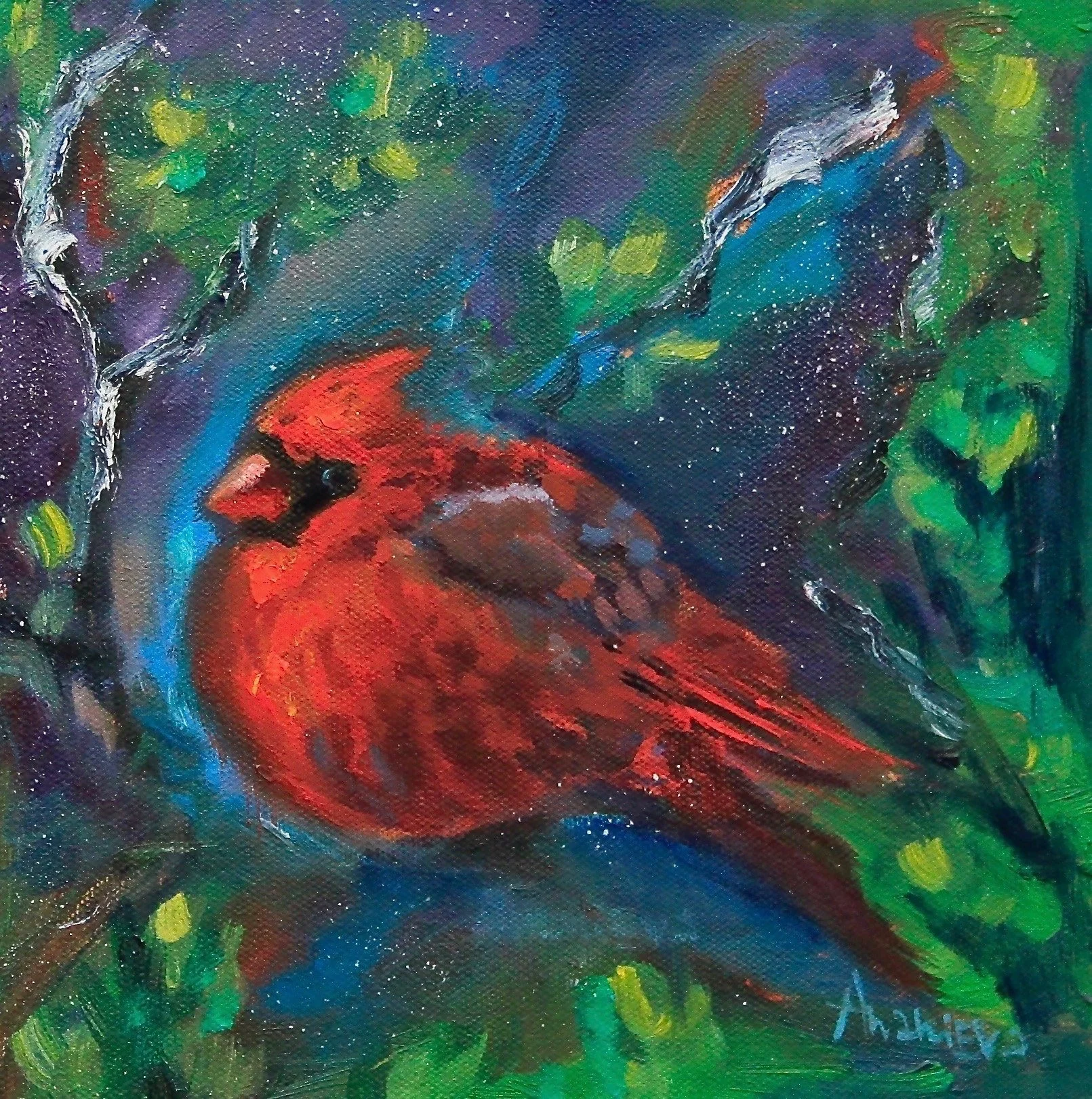 An abstract painting of a bright red cardinal bird sitting on a branch among green and purple foliage with a dark background.