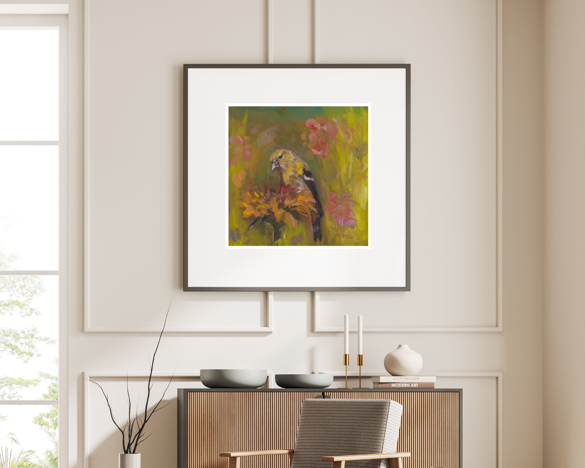 big framed bird print in colorful style