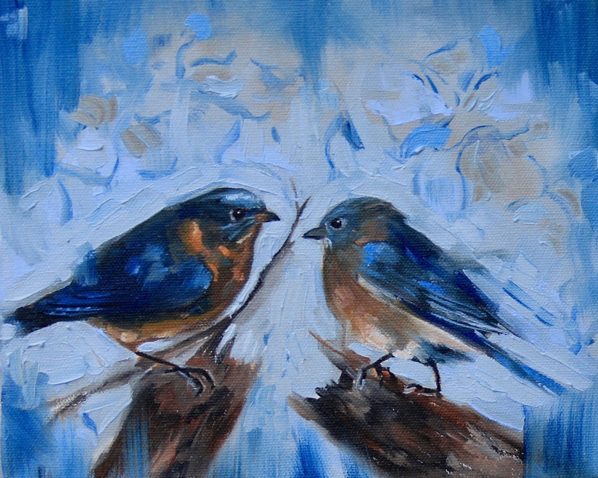 Painting of two small birds, likely American robins, perched on a branch against a light blue background with abstract shapes.