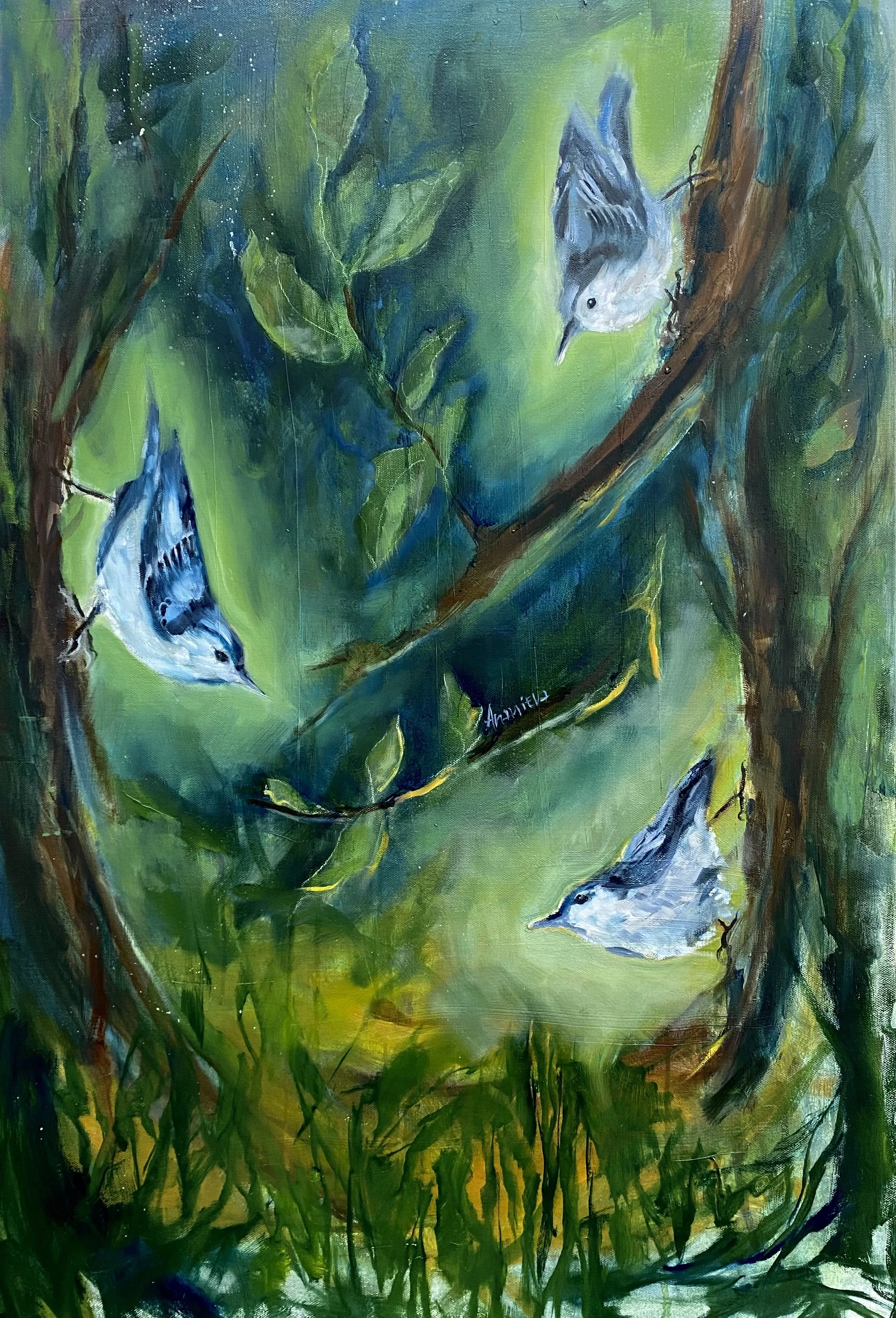 Painting of four blue and white songbirds perched on green vine leaves and branches, set against a vibrant green and blue background.