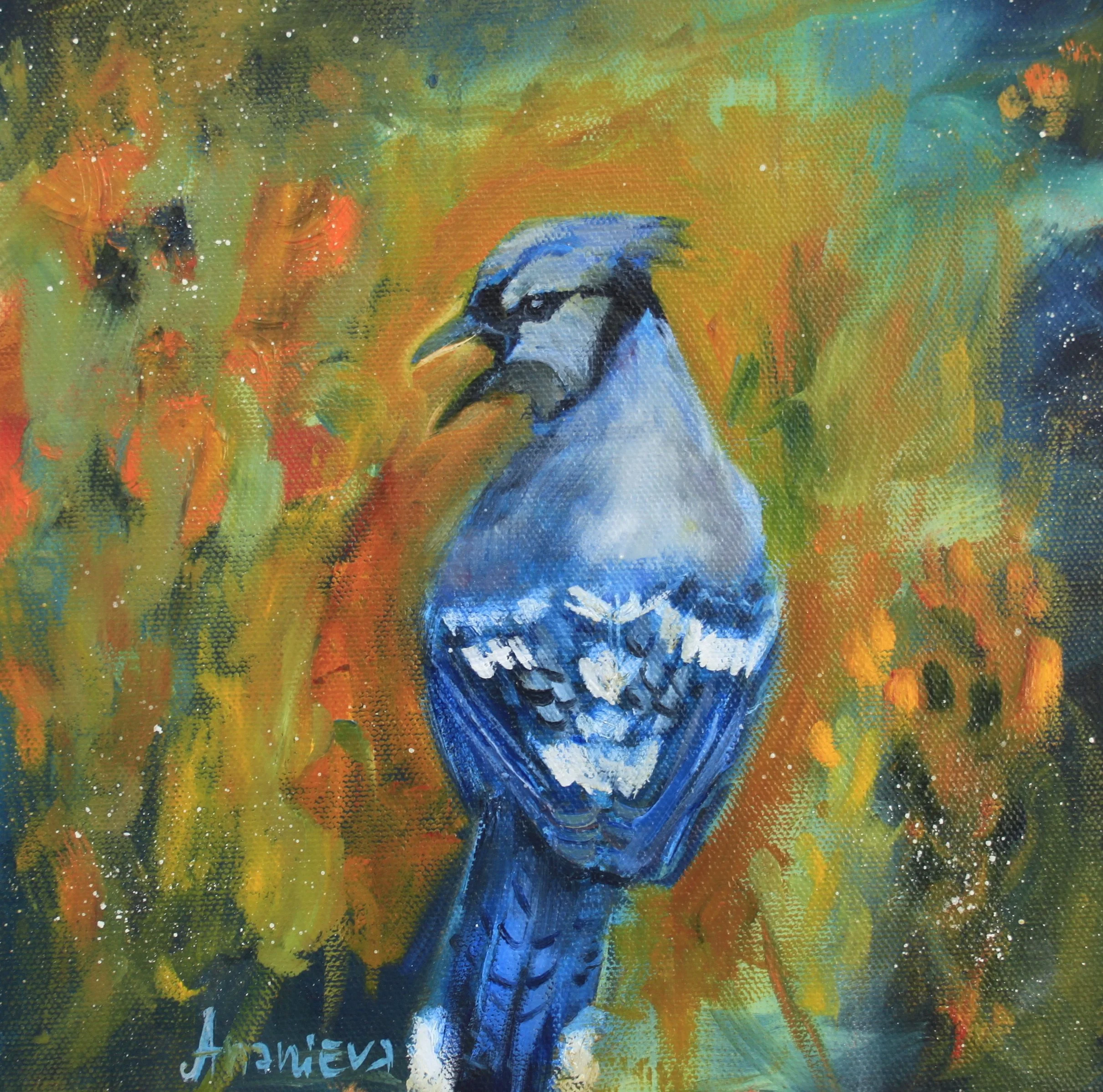 Painted artwork of a blue jay bird with a vibrant background of orange, green, and blue colors.