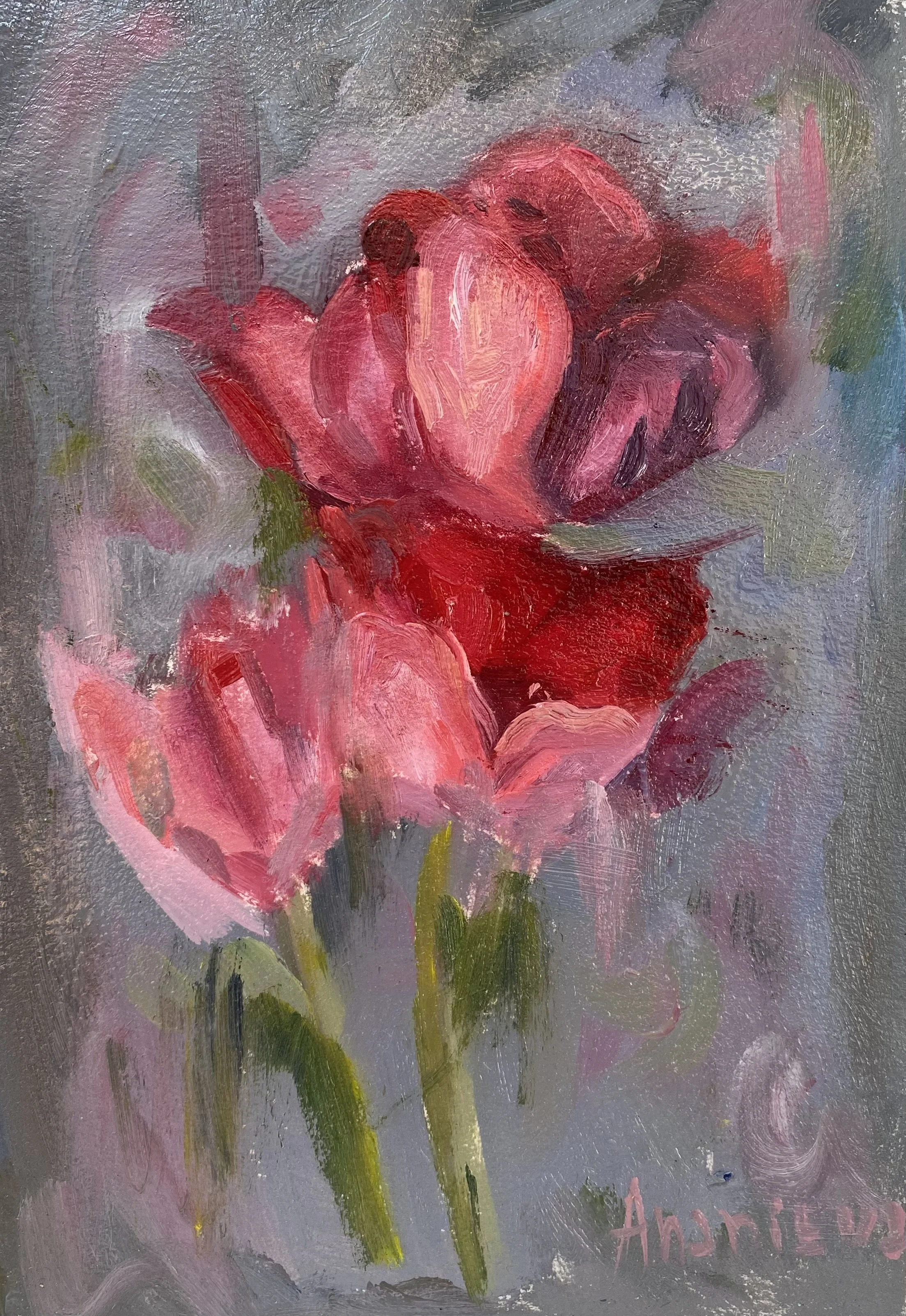 Abstract painting of pink and red flowers with green stems on a gray background, signed by the artist 'Andrie'.