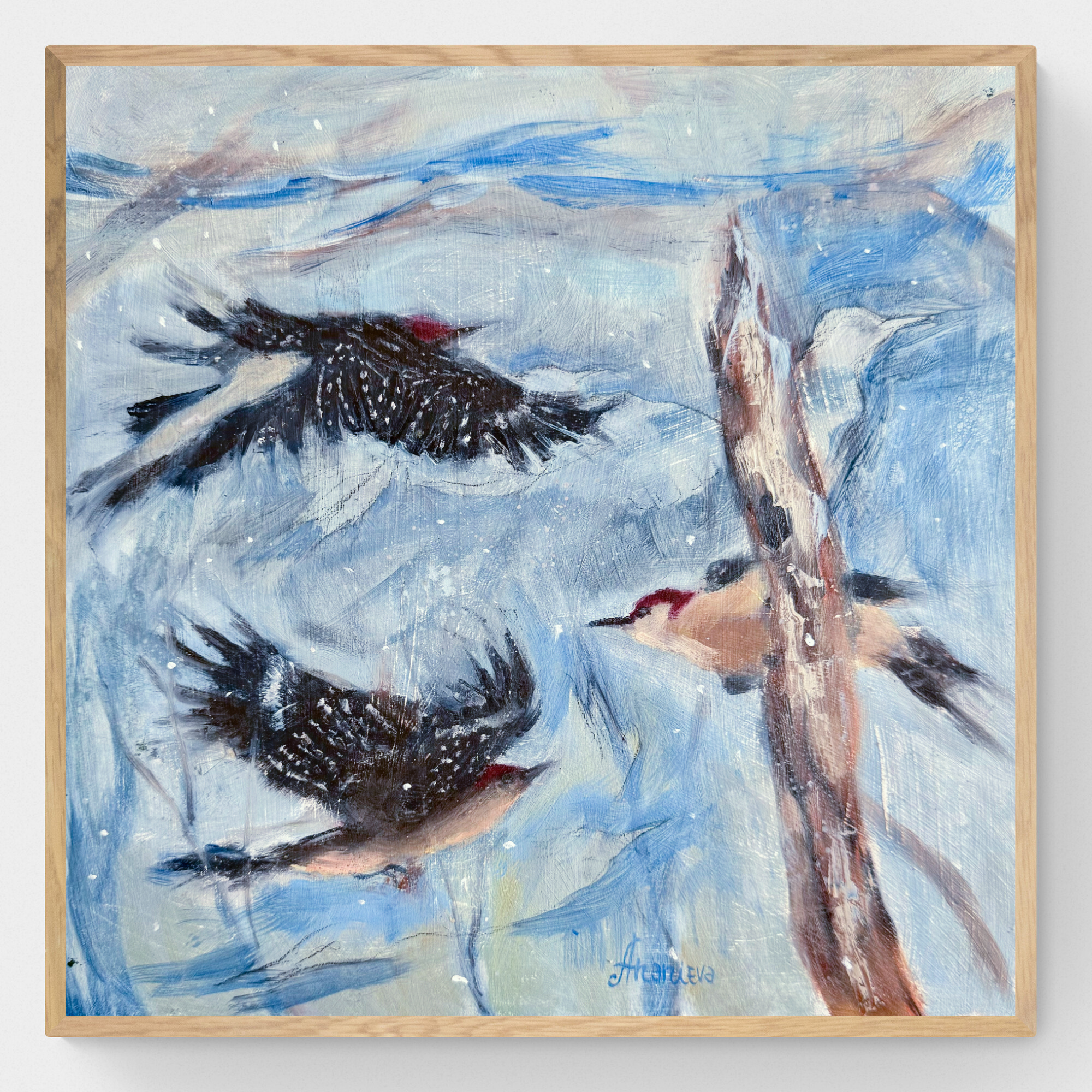 Winter Woodpeckers Oil Painting