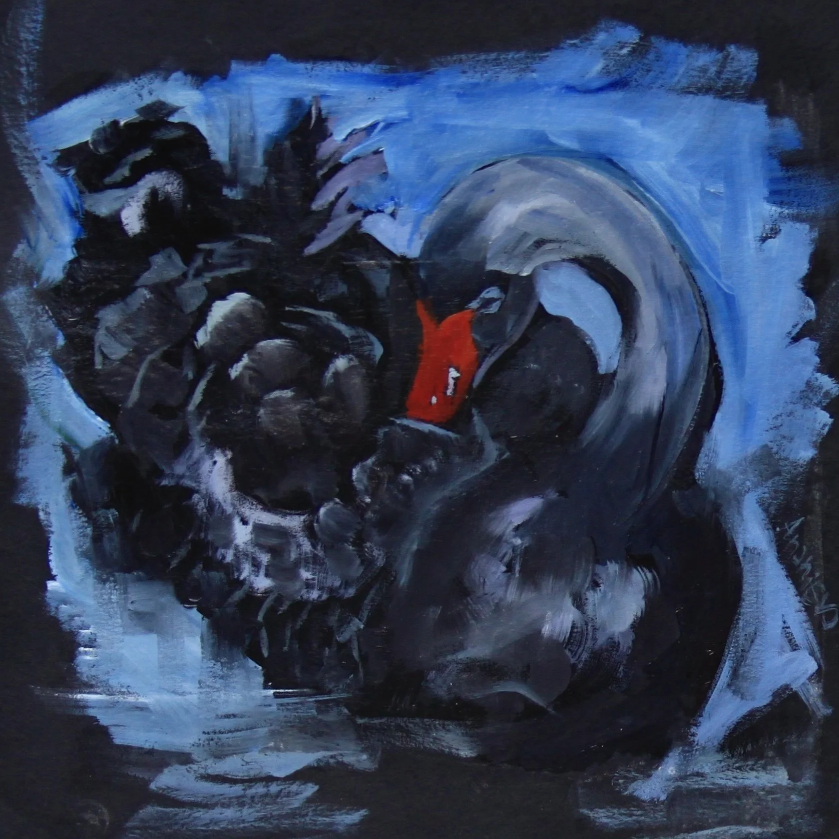 Abstract painting of a swan with a red beak, set against a blue background, painted with broad, expressive brushstrokes.