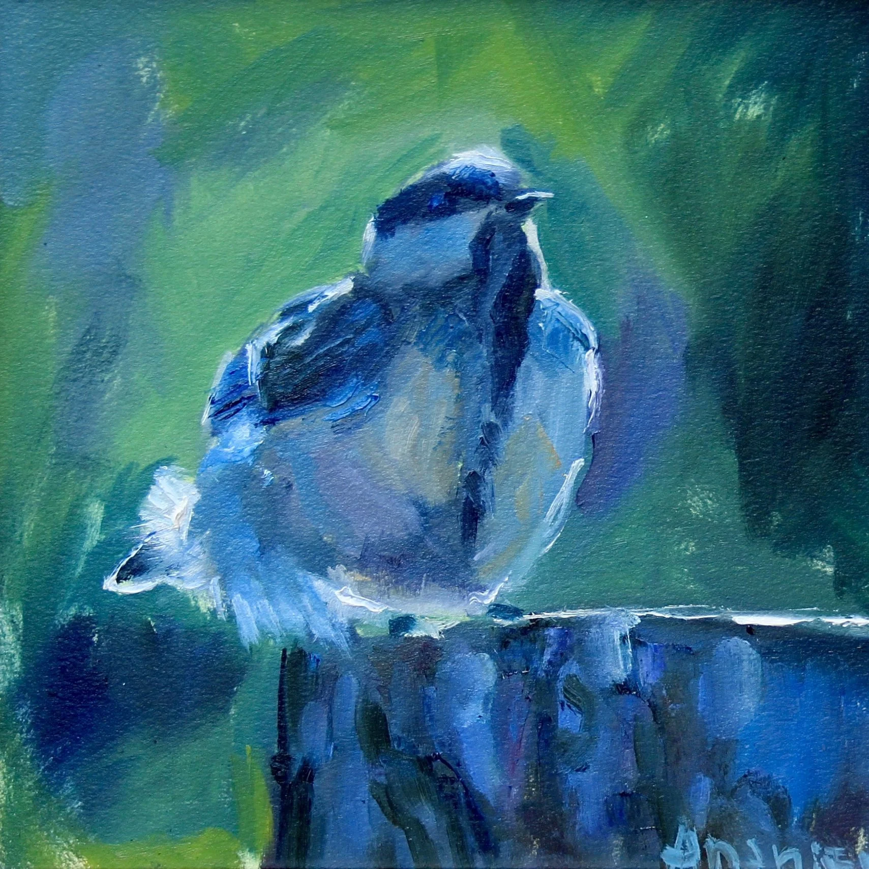 A painting of a small bird, possibly a chickadee, perched on a blue surface with a blurred green background.