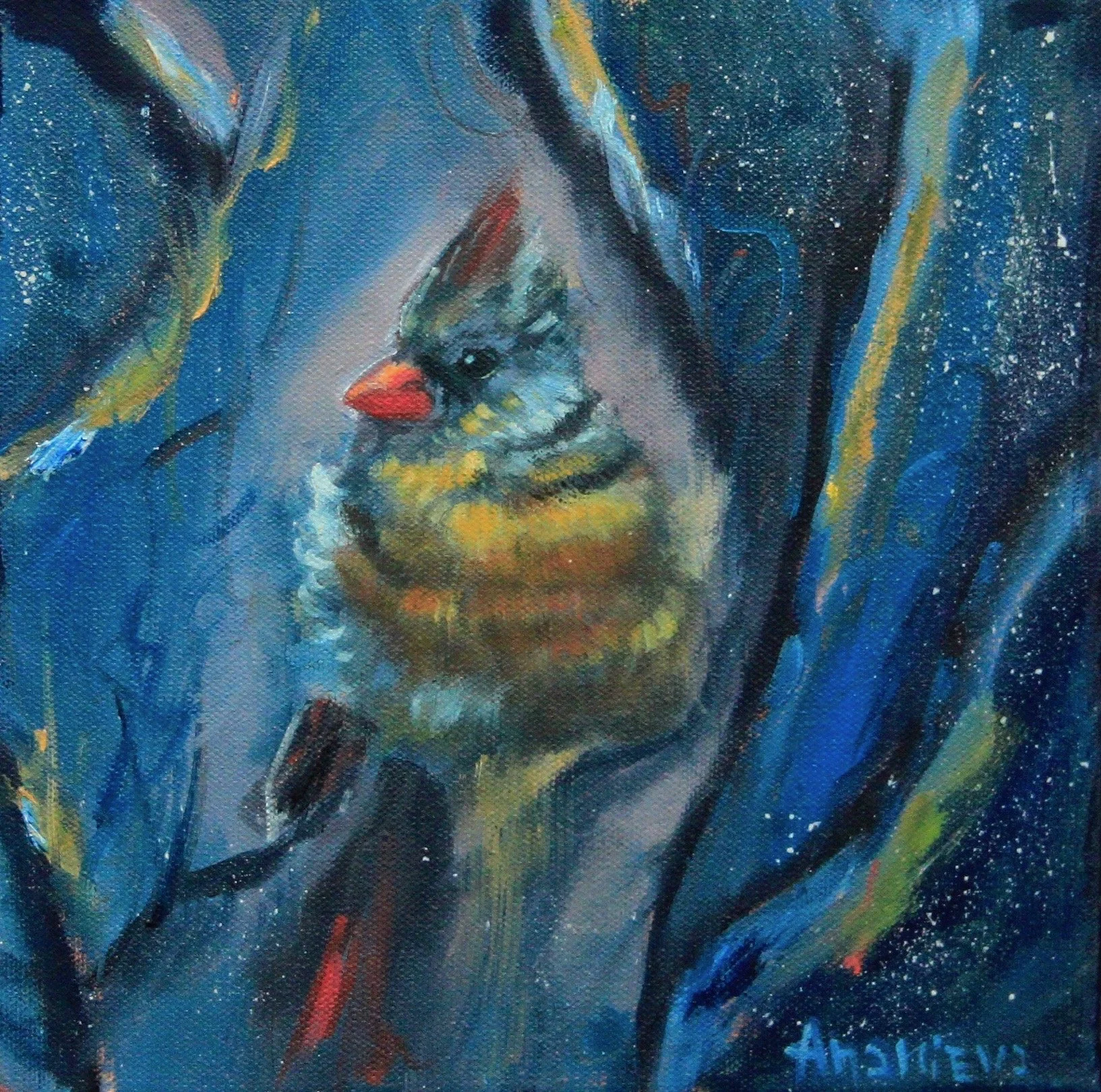 A colorful painting of a bird with a red beak and yellow and black feathers, surrounded by dark blue and black abstract strokes.