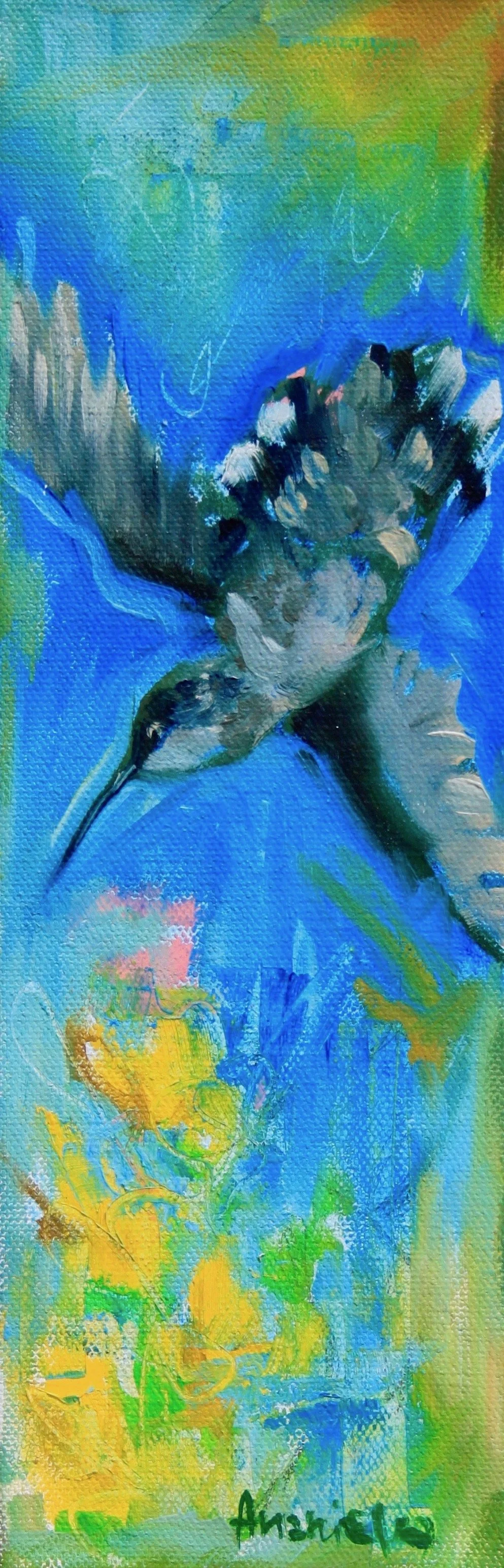 An abstract painting of a hummingbird hovering near yellow flowers on a vibrant blue and green background, with the artist's signature, Amelia, at the bottom.