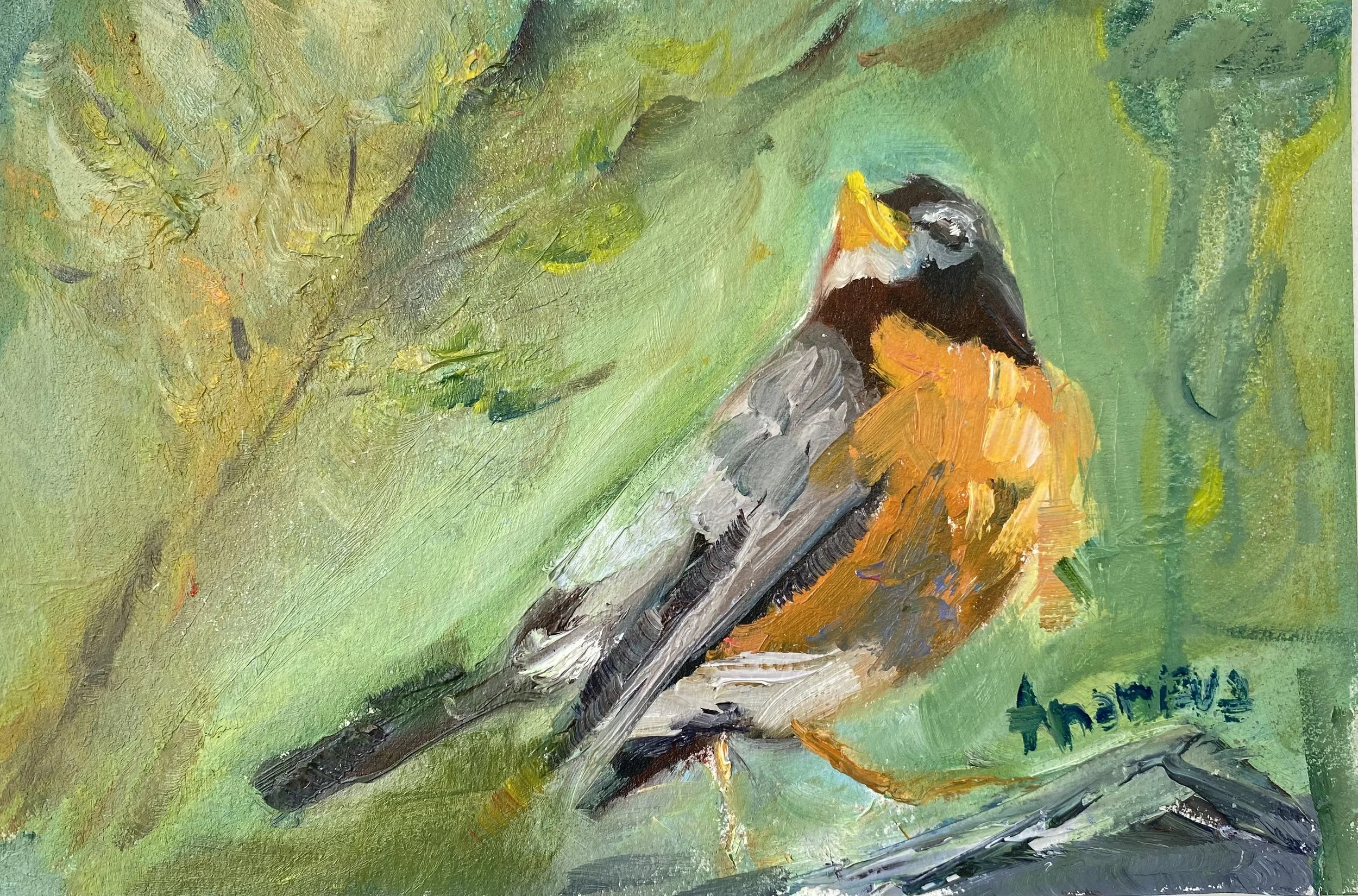 A colorful painting of an American Robin perched on a branch, with green foliage in the background. The artist's signature is visible at the bottom right corner.