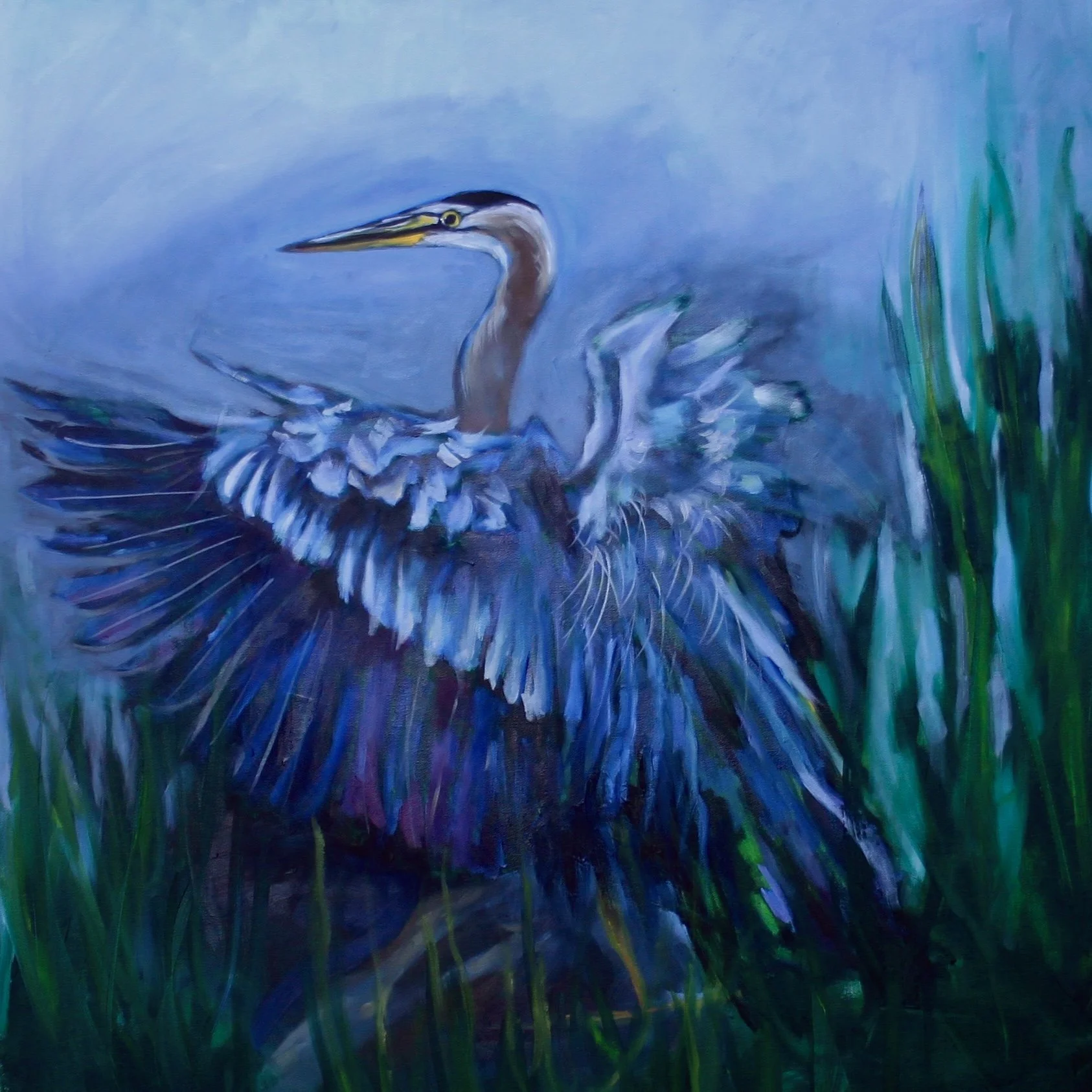 A painting of a heron standing in tall grass with its wings partially open, depicted in shades of blue, purple, and green.