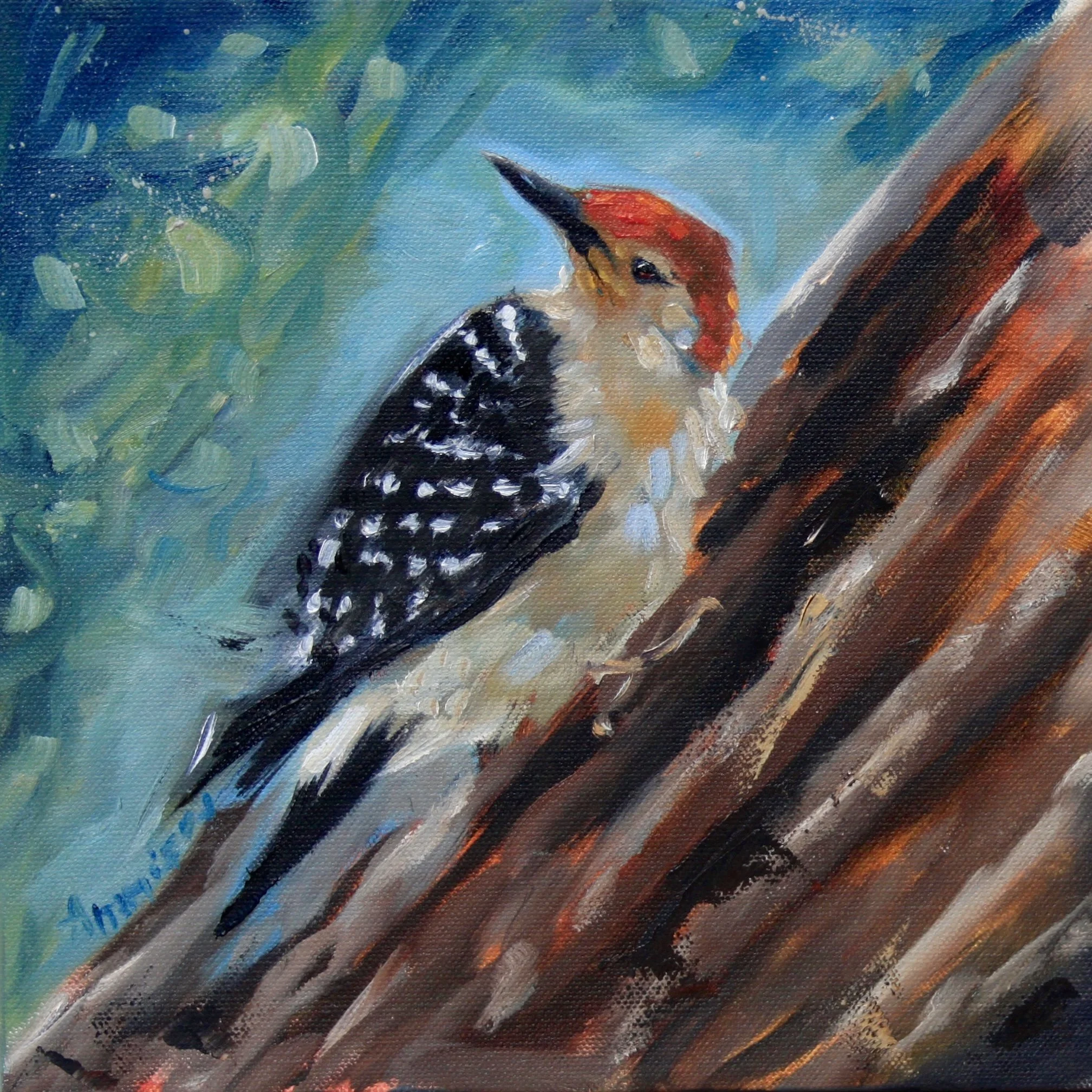 A painting of a woodpecker clinging to a tree trunk with red, white, black, and tan feathers against a background of green and blue foliage.