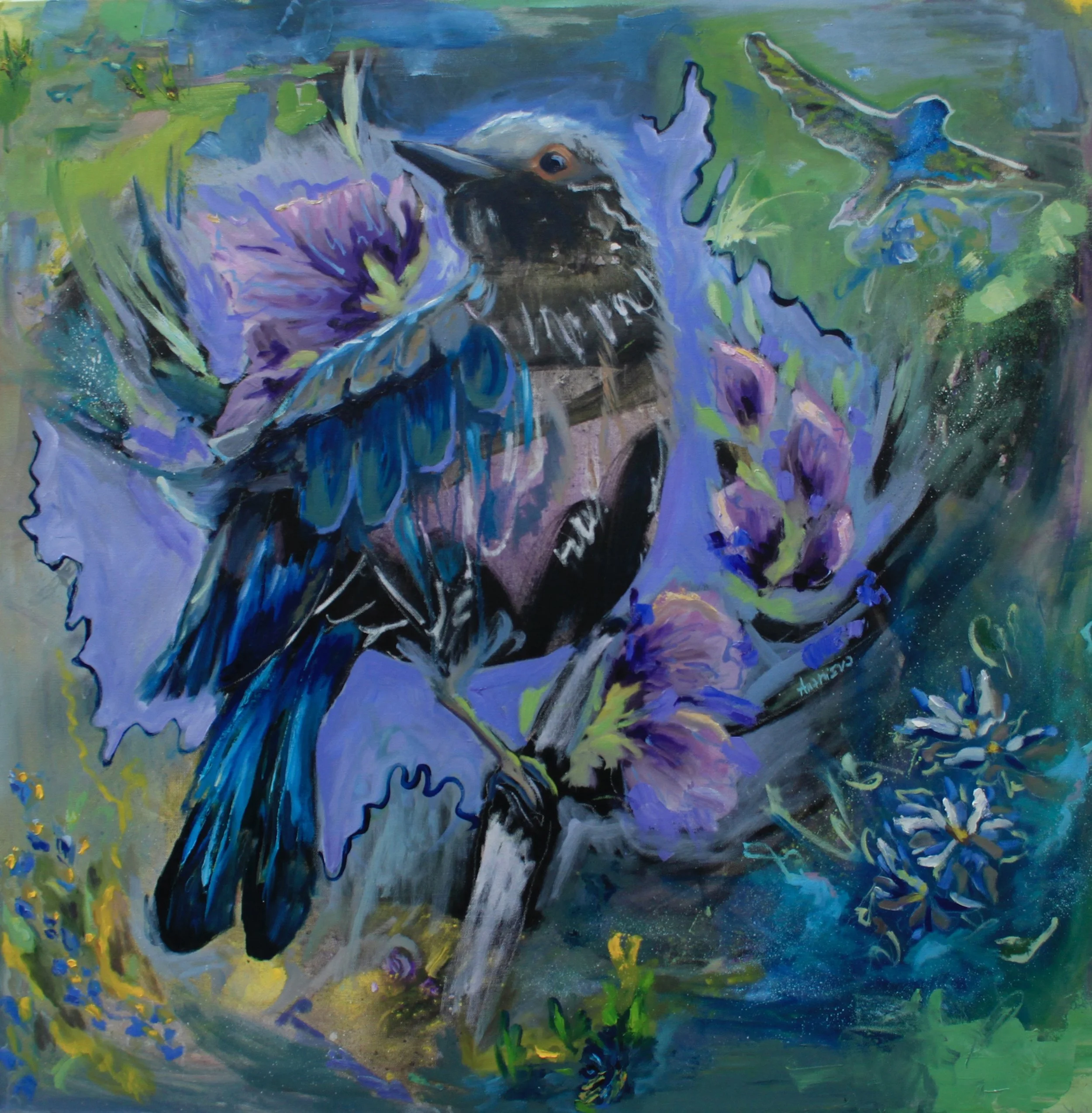 A colorful painting of a bird perched on a branch surrounded by purple flowers and abstract green and blue background.