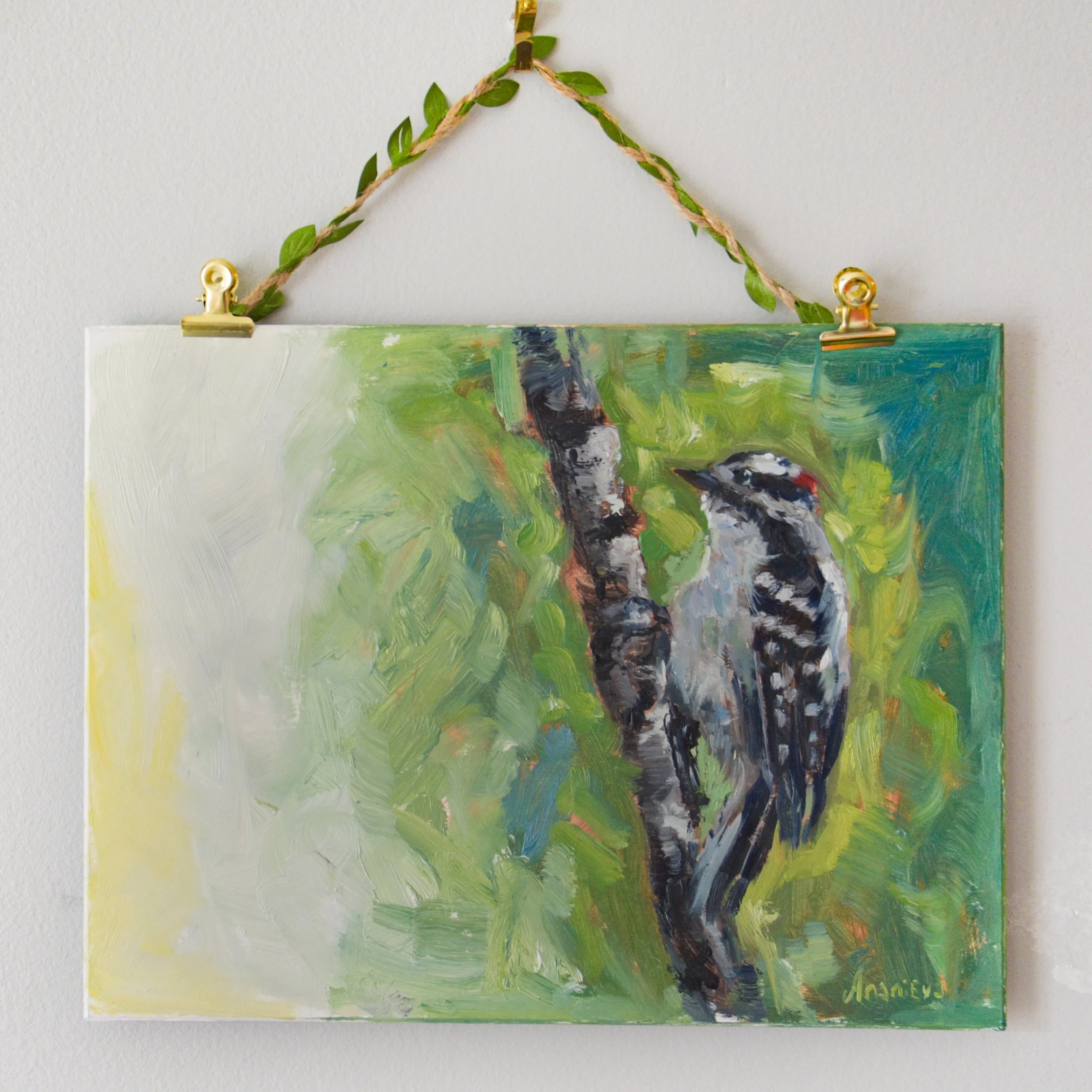 Downy Woodpecker Oil Painting