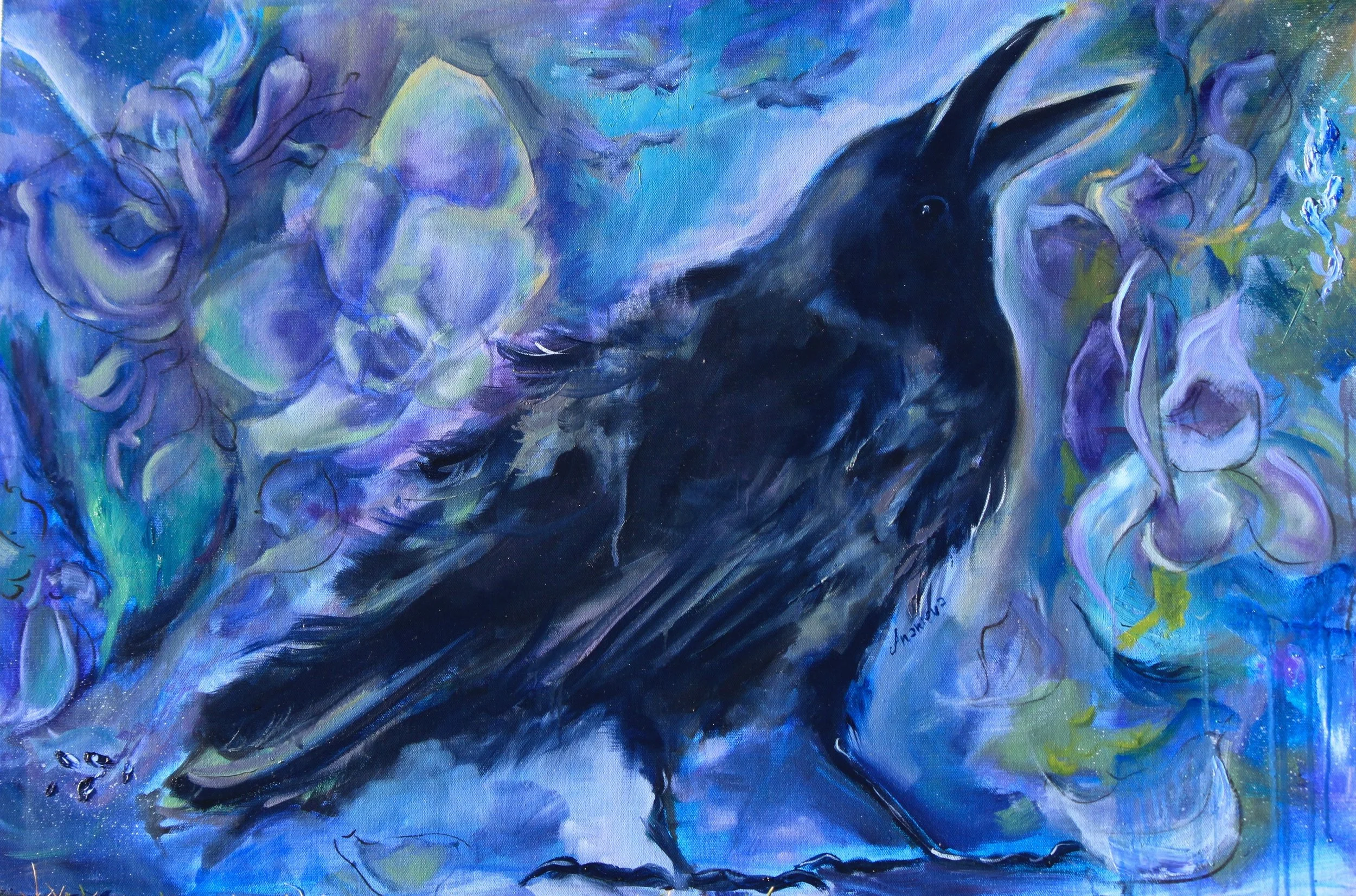 A vibrant abstract painting of a black raven with purple and blue accents, surrounded by purple and blue floral elements and swirling colors.