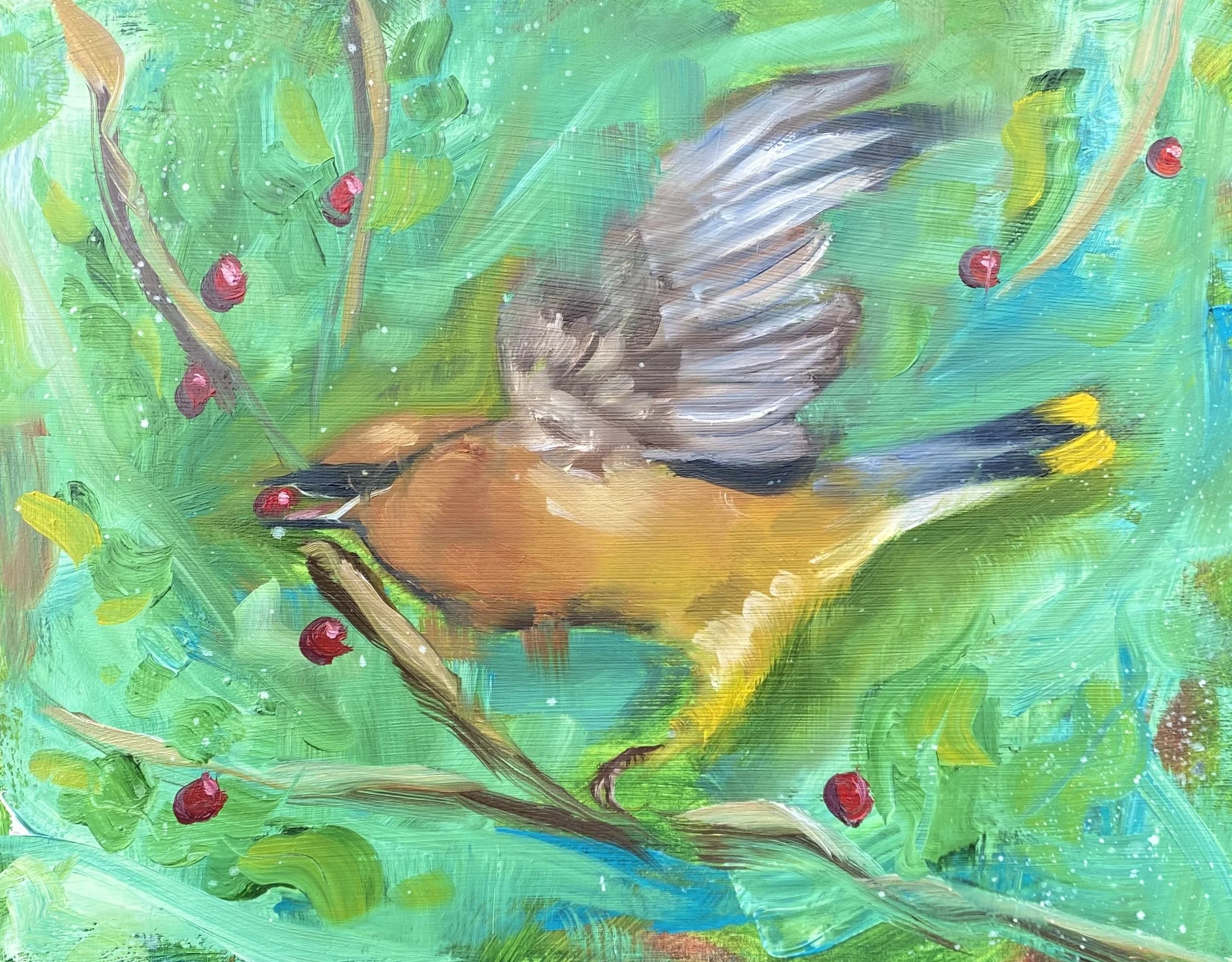 A painted illustration of a bird perched on a branch surrounded by green leaves and red berries.