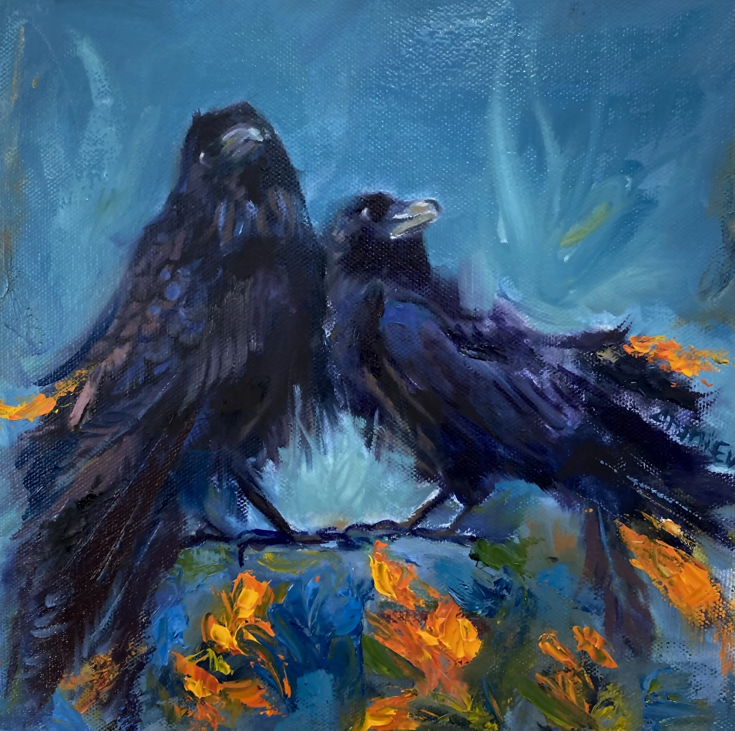 A painting of two black birds with their wings spread, perched on a branch with orange flowers, against a blue sky background.