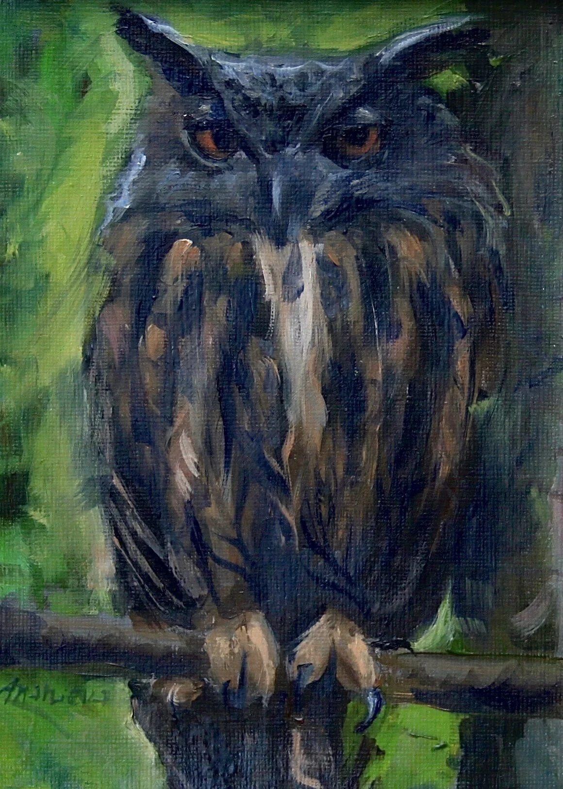 Painting of a serious hawk perched on a branch with green foliage in the background.