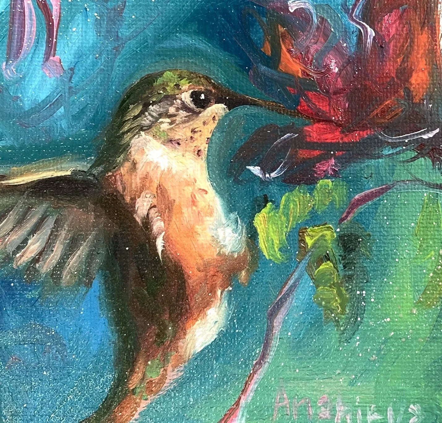 A colorful painting of a hummingbird with brown, green, and white feathers, hovering near a vibrant red flower against a blue and green background.