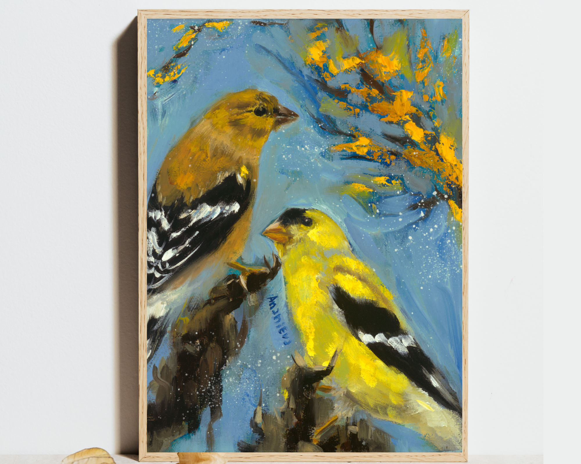 goldfinch oil painting, american goldfinches, finch art, finch birds, bird artist, gold bird oil painting, yellow bird