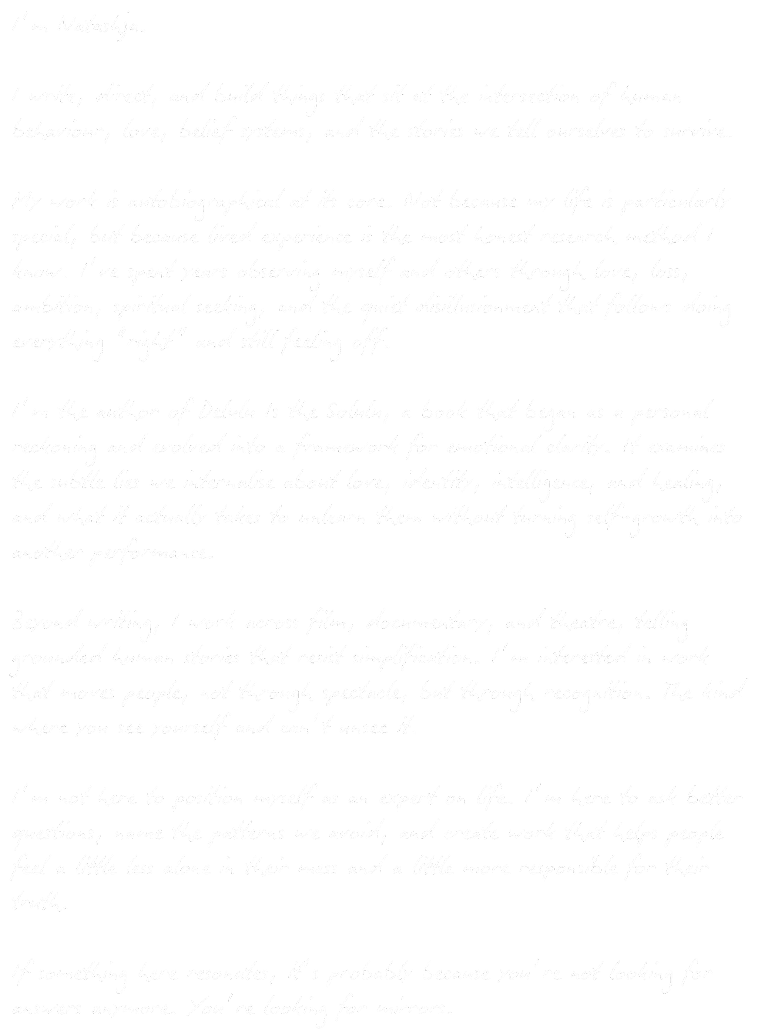 Handwritten text on a black background discussing personal writing, spiritual work, and self-awareness, attributed to Natasha.