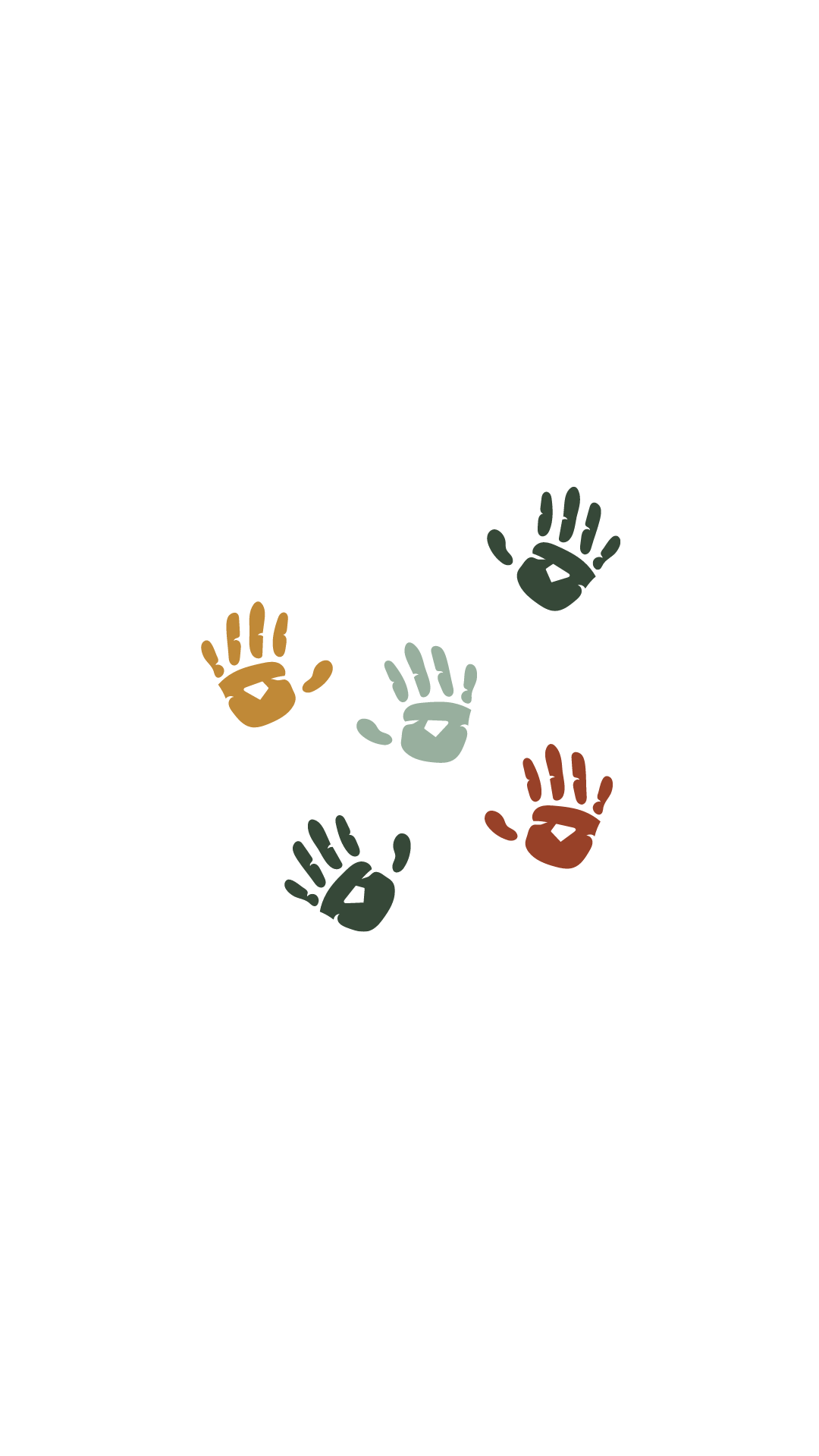 Illustration of five colorful handprints, including orange, light blue, dark green, and red, arranged in a scattered pattern on a black background.