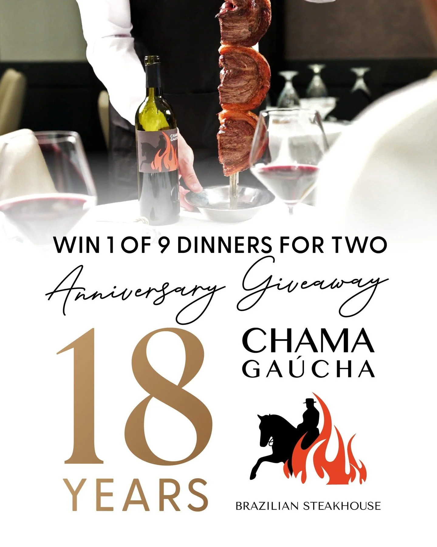 🎉 18 Years of Chama Gáucha 🎉 Thank you for sharing 18 years of flavor, tradition, and unforgettable moments with us. 🥂
We’re celebrating with a special giveaway: 9 dinners for two.
To enter:
✅ Follow @ChamaGaucha
✅ Tag 3 friends in t