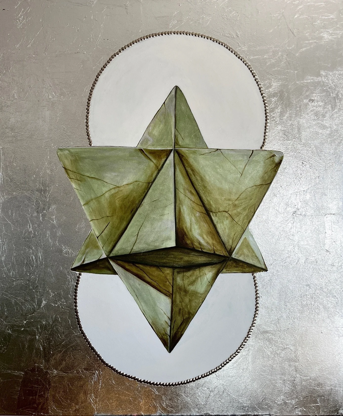 MERKABAH / acrylic, silver leaves and pioneses on canvas / 120 x 100 cm