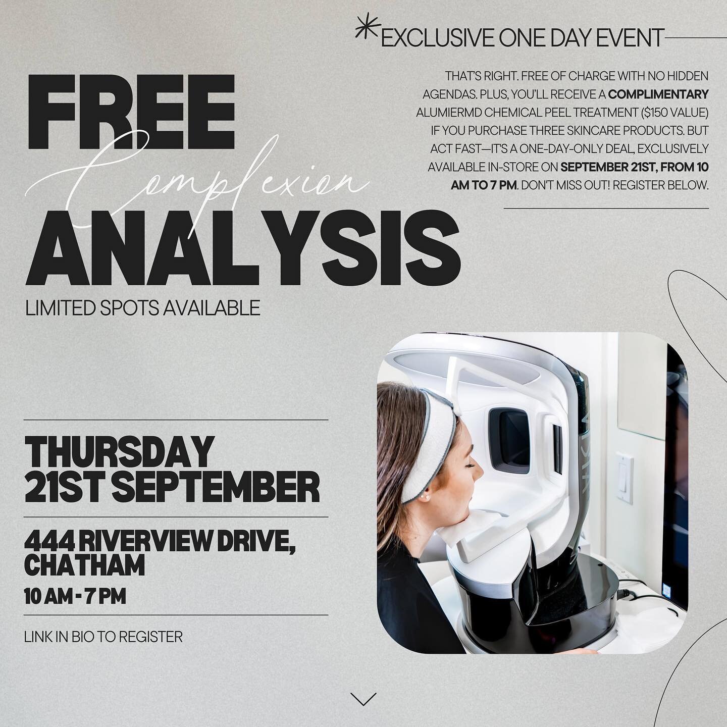 That&rsquo;s right. Free of charge with no hidden agendas. Plus, you&rsquo;ll receive a 𝗰𝗼𝗺𝗽𝗹𝗶𝗺𝗲𝗻𝘁𝗮𝗿𝘆 AlumierMD Chemical Peel Treatment ($150 value) if you purchase three skincare products. 

This is an opportunity you surely want to tak