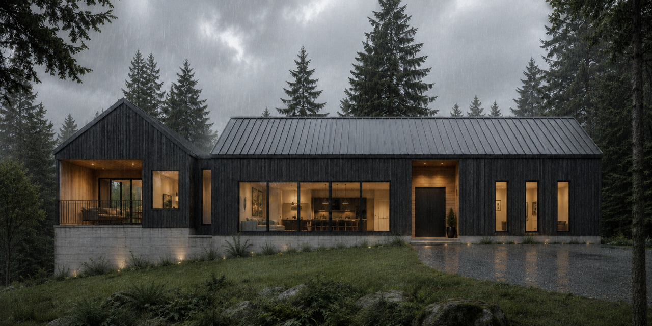 Modern Pacific Northwest custom home with black wood siding, standing-seam metal roof, warm wood entry, large windows, and concrete foundation set in a rainy evergreen forest.