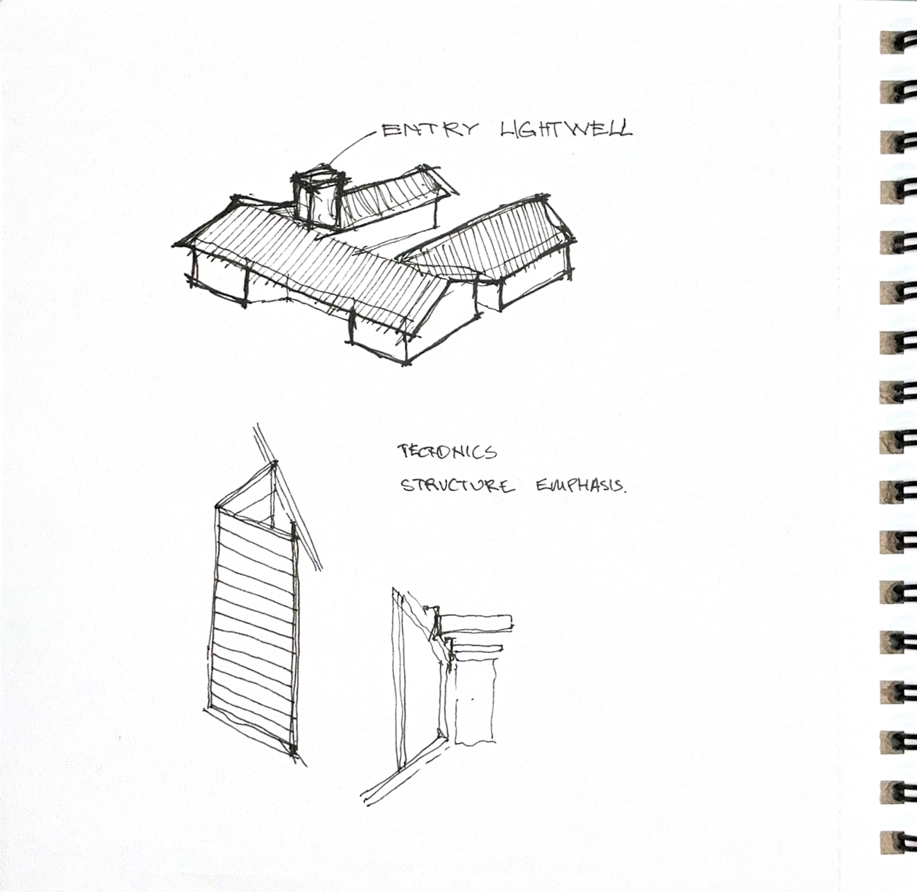 Early architectural massing sketch for Kona House exploring interconnected roof forms and a central entry lightwell.