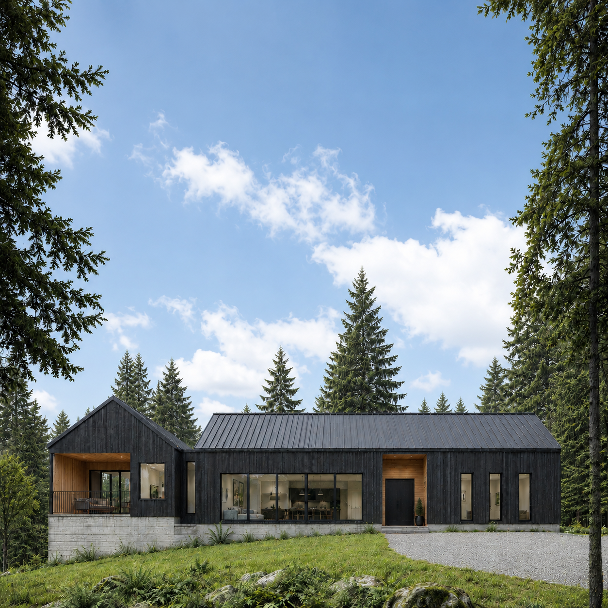 Modern PNW forest house with black wood siding, standing-seam metal roof, concrete foundation, and warm cedar accents by Anthropos Design Studio.