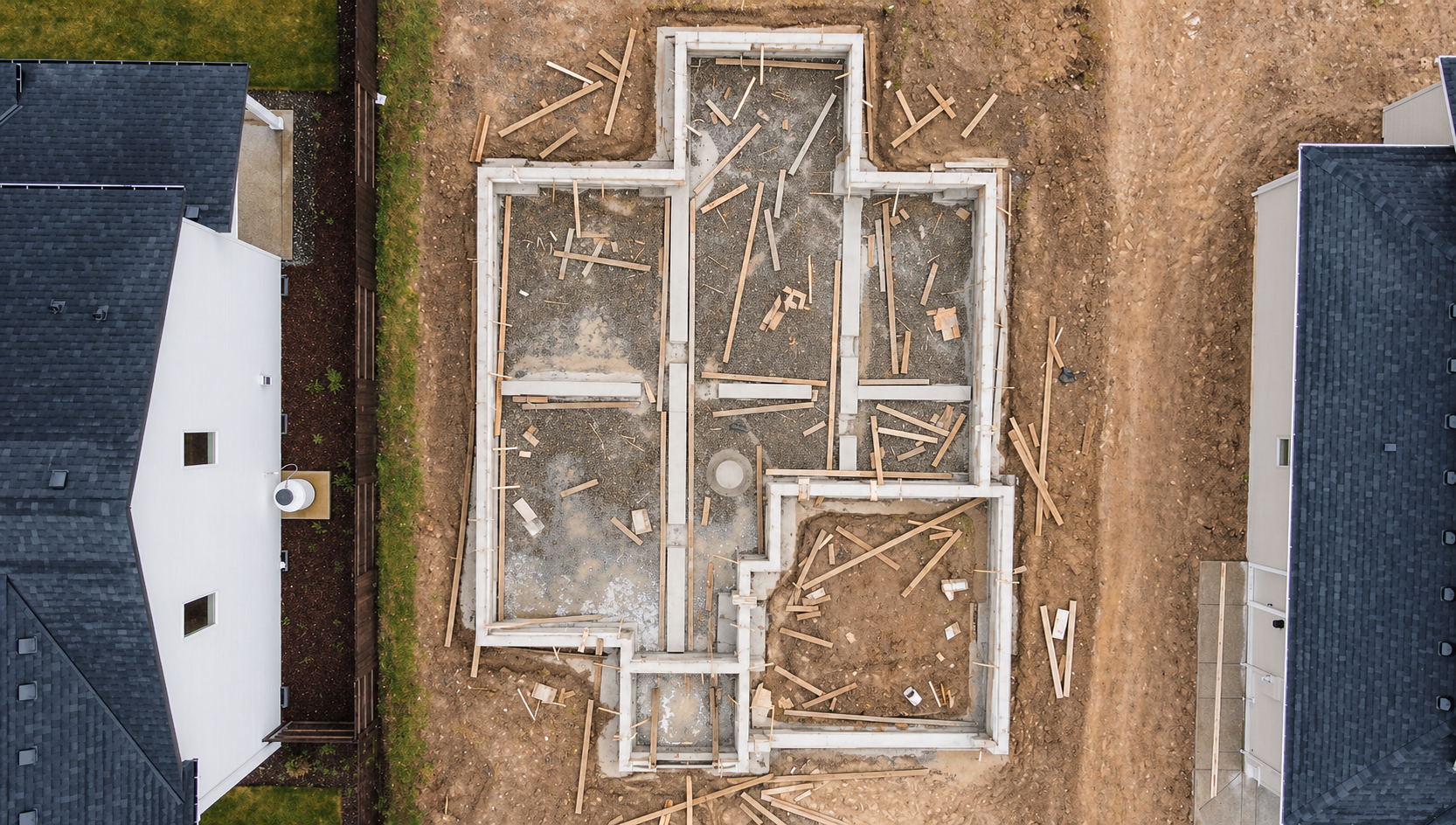 Aerial view of a custom home foundation under construction, showing concrete footings and early site work by Anthropos Design.