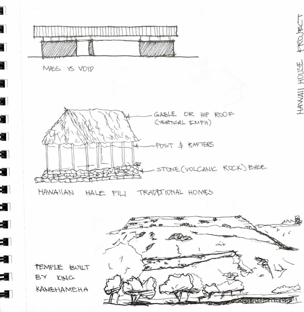 Architectural mass and void concept sketch exploring the overall form of Kona House in Hawaii.