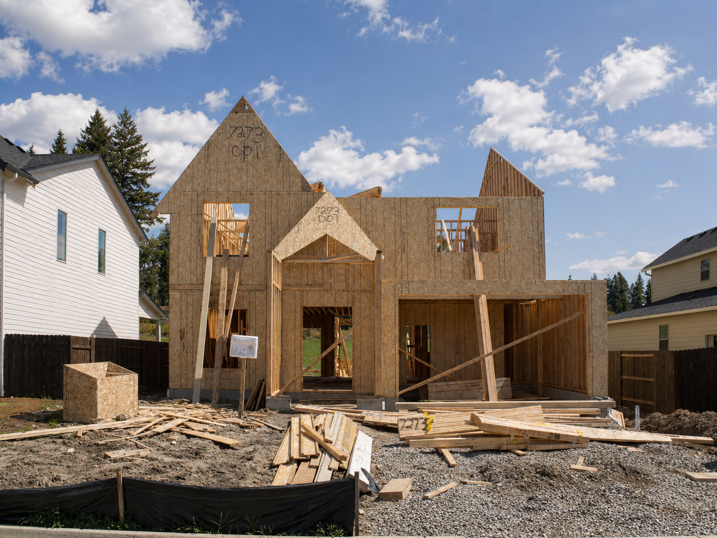 Custom home framing under construction, showing the front elevation and structural shell during early building progress by Anthropos Design.