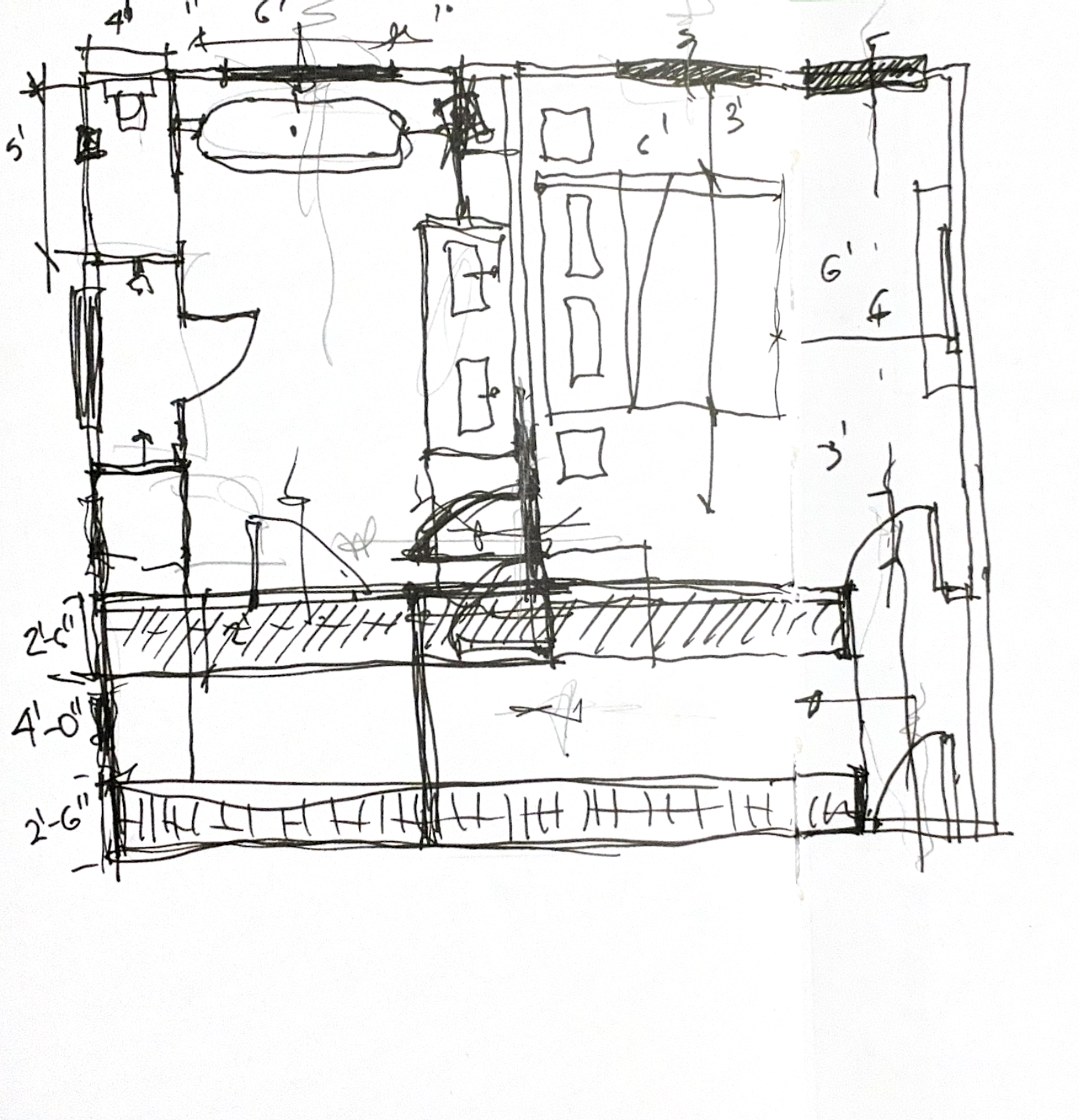 Hand-drawn early floor plan study for Kona House in Hawaii exploring bedroom, bathroom, circulation, and living space organization.