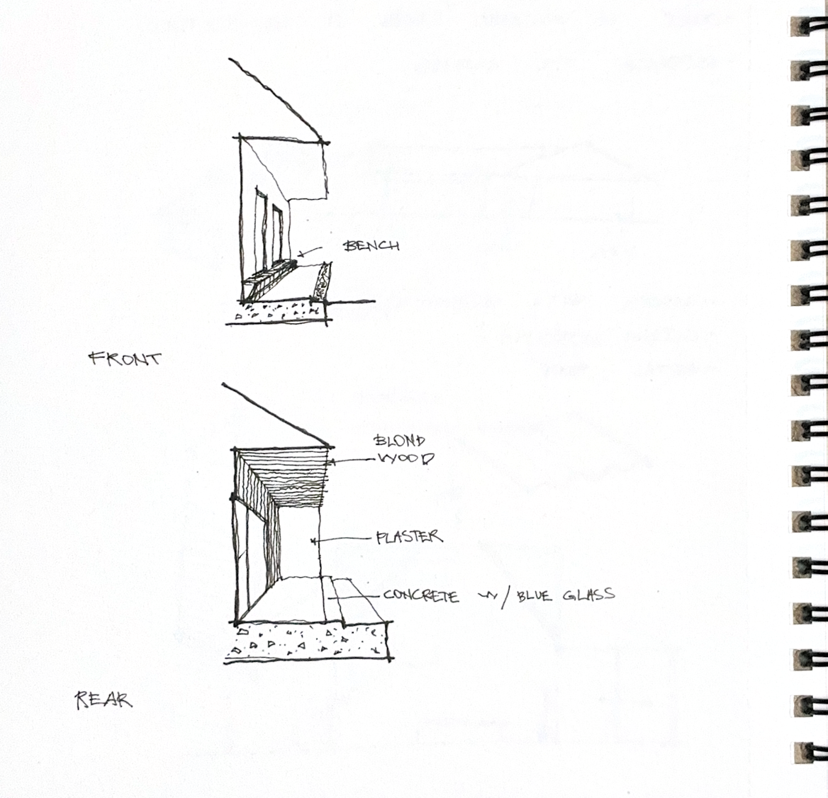 Hand-drawn tectonic study for Kona House exploring structural expression, wall construction, and roof connections.