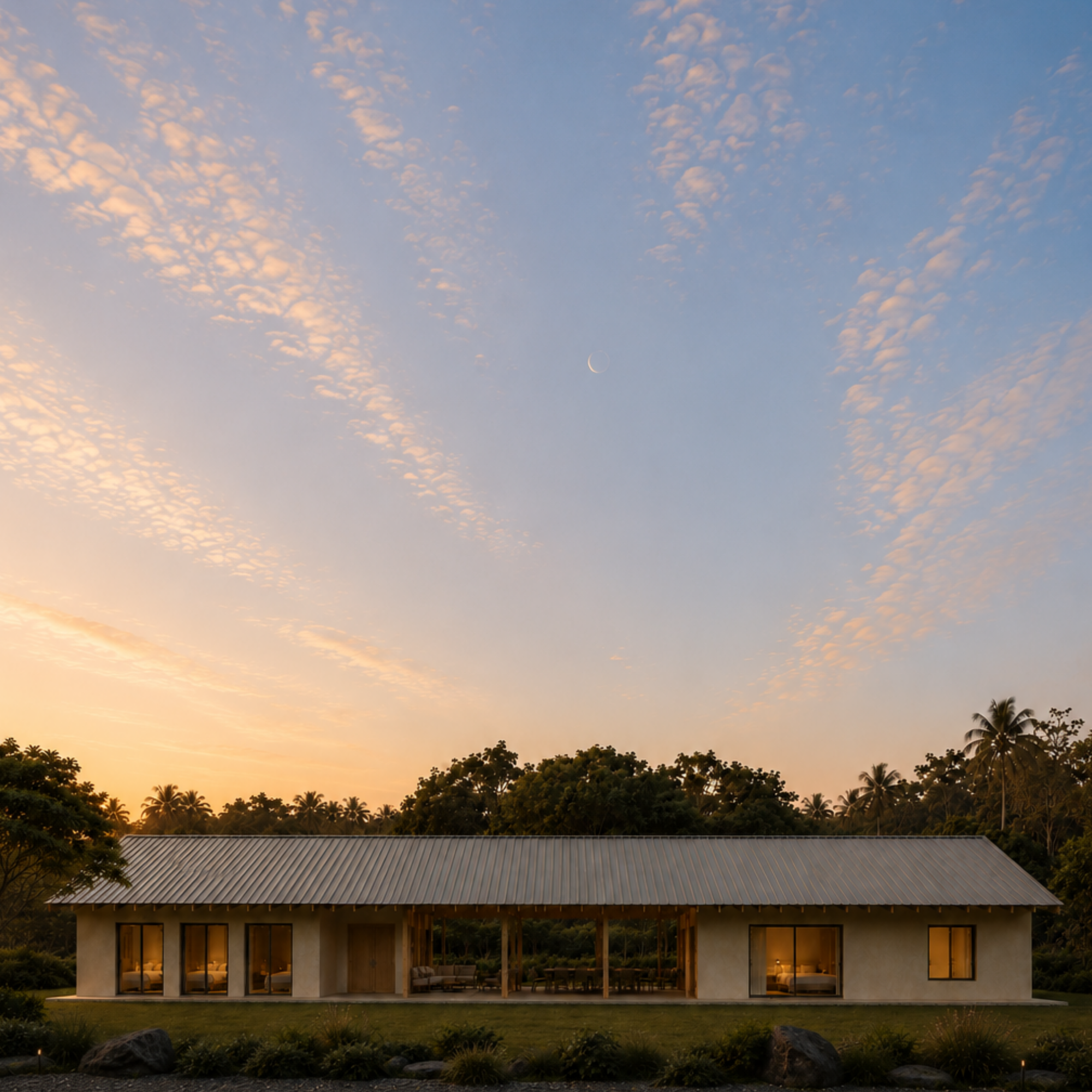 Modern tropical custom home in Kona, Hawaii, featuring a long standing-seam metal roof, natural wood details, covered outdoor living space, and lush tropical landscaping.