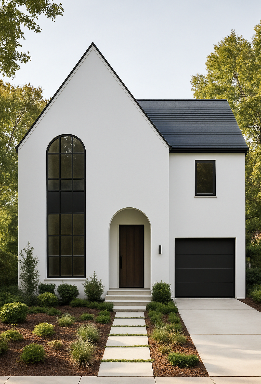 Modern high-end home design with white facade, arched entry, and large black-framed window by Anthropos Design Studio, serving Portland, Oregon, and Vancouver, Washington.