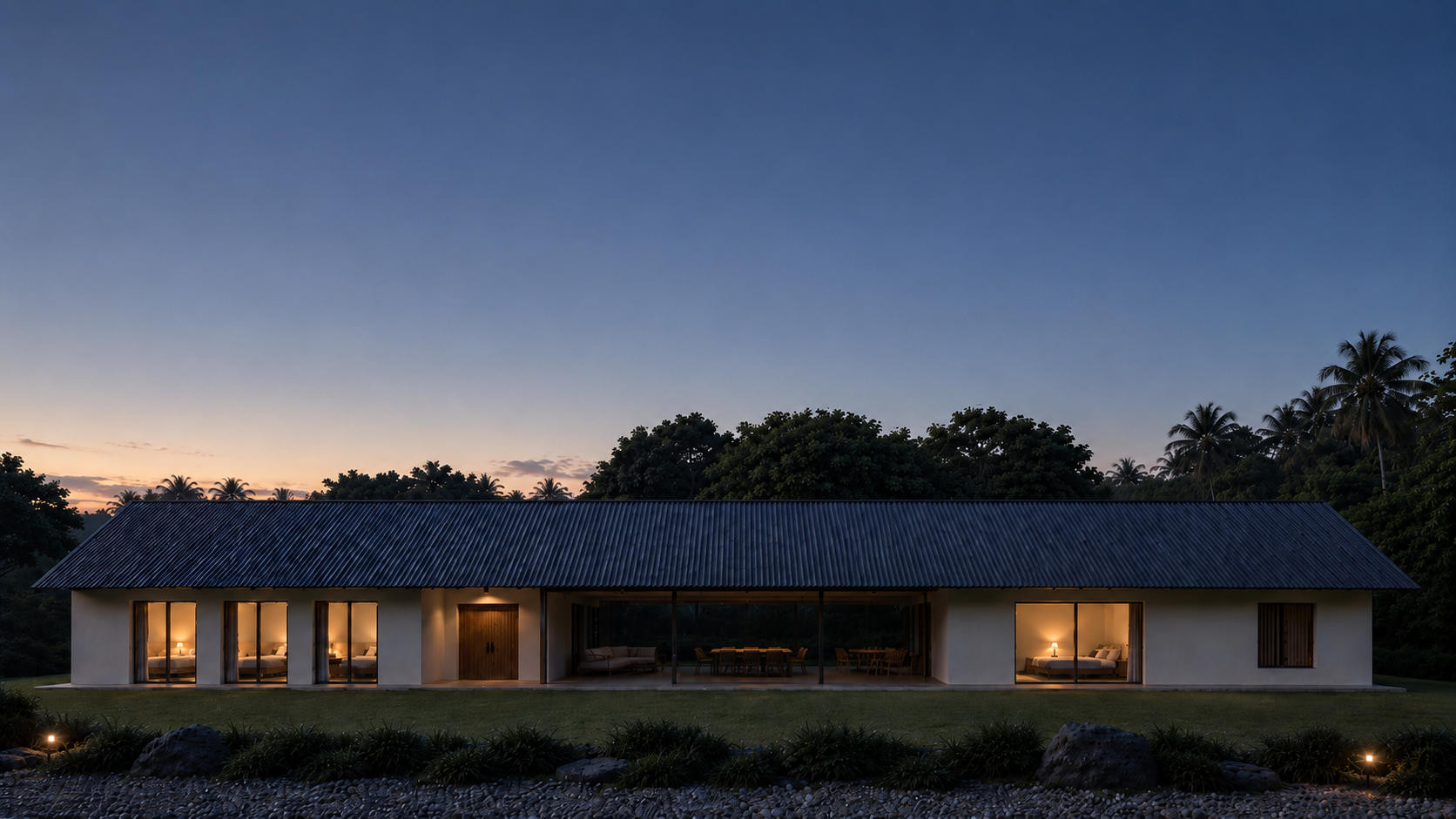 Minimalist modern residence in Kona, Hawaii, featuring a long corrugated metal roof, warm interiors, open living spaces, and tropical landscaping at dusk.