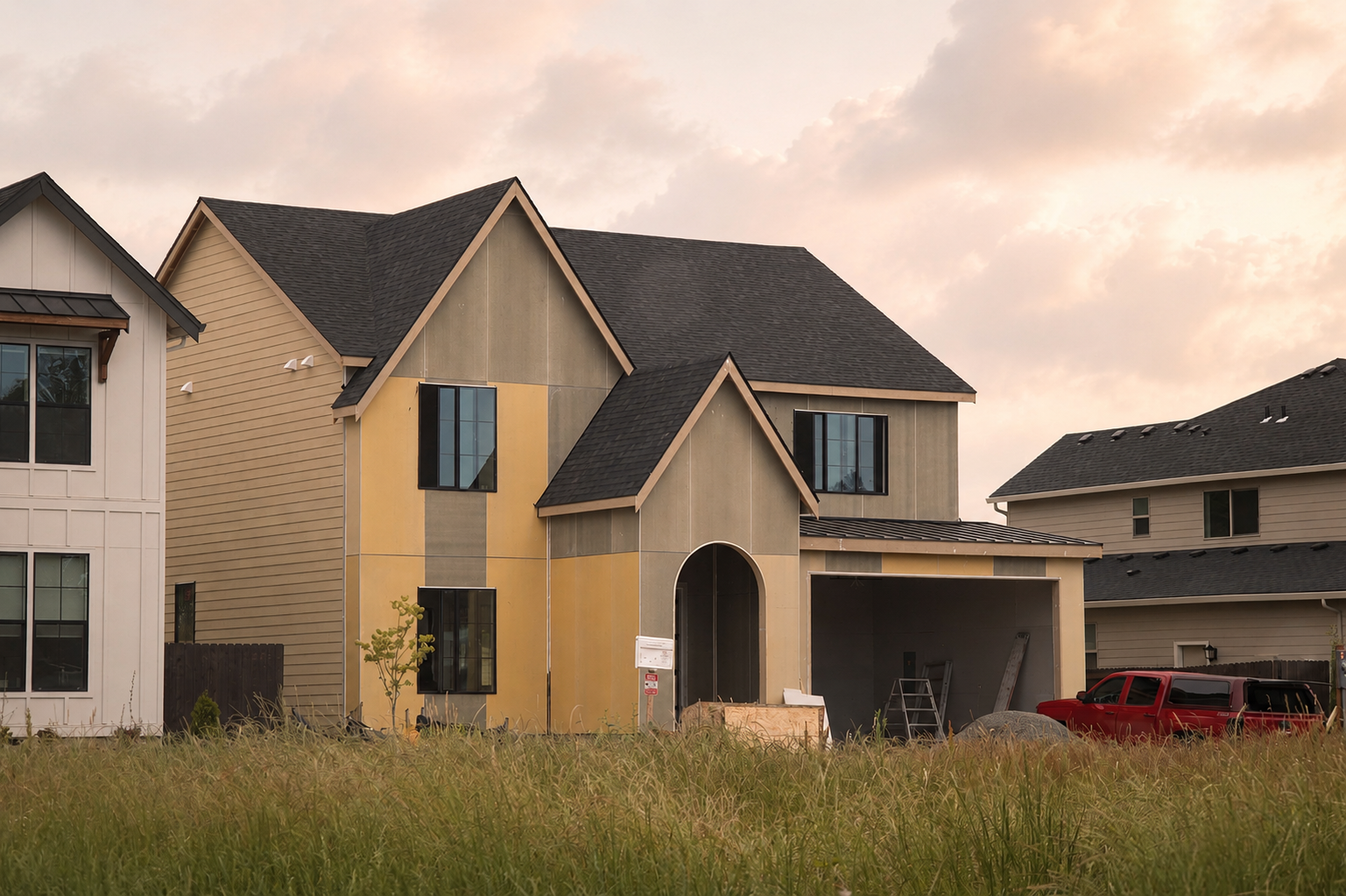 Two-story house under construction with yellow and gray exterior panels, black-framed windows, an open garage, and a red pickup truck beside tall grass under a warm sunset sky.