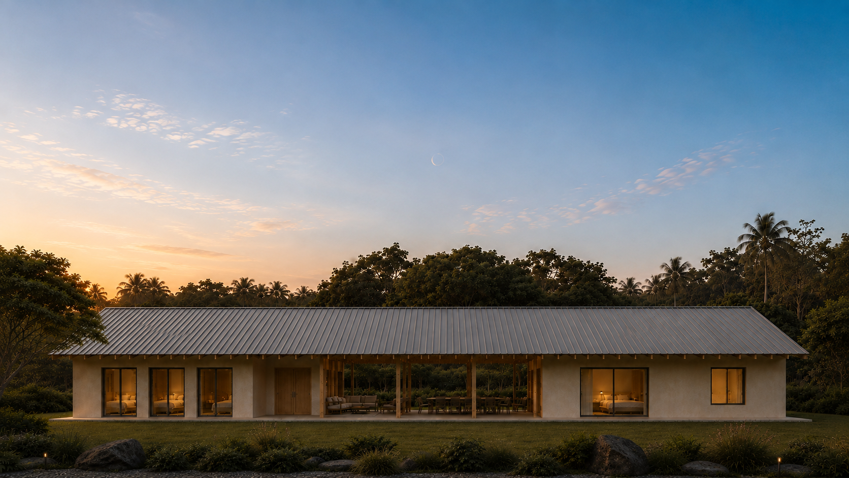Modern tropical custom home in Kona, Hawaii, featuring a long standing-seam metal roof, natural wood details, covered outdoor living space, and lush tropical landscaping.
