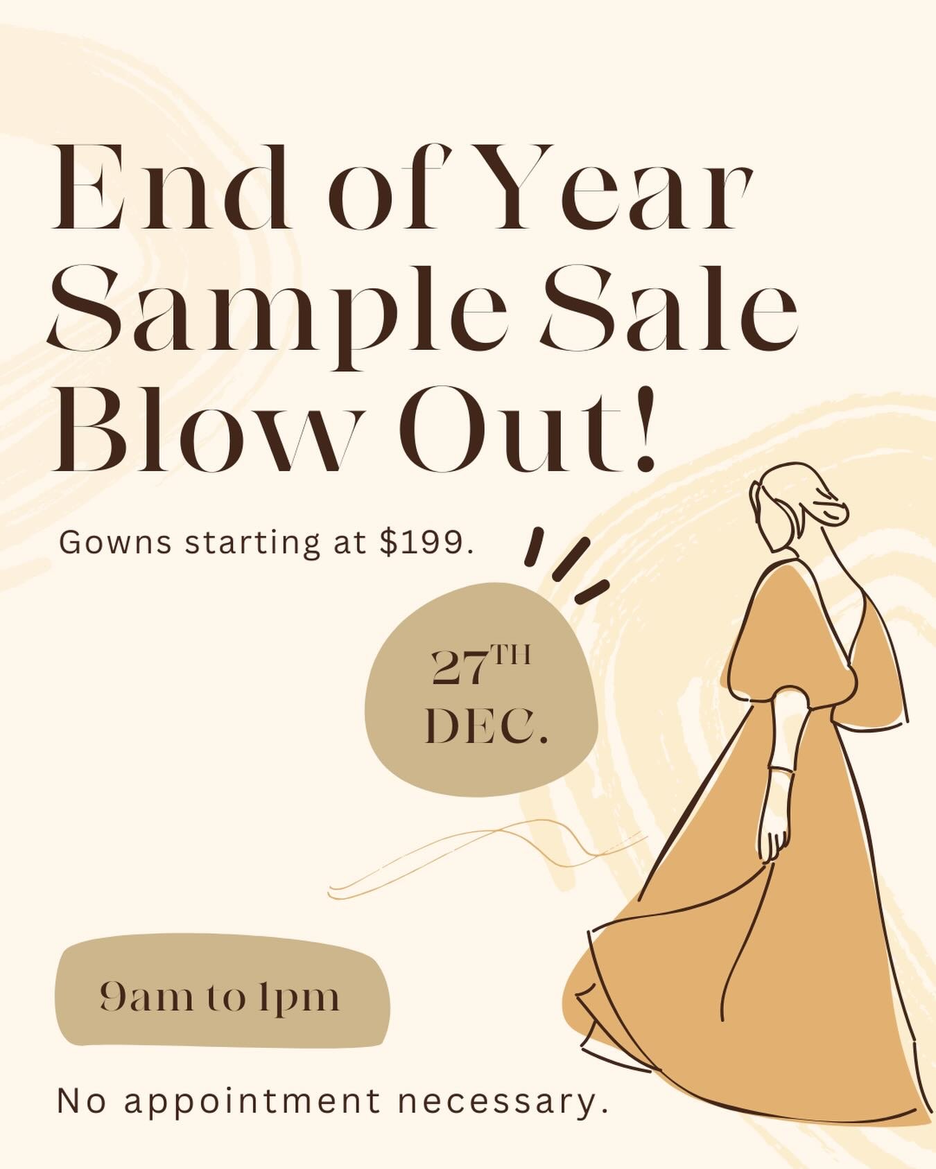 ✨ It&rsquo;s time for our annual sample sale! ✨

Now is the chance to snag some off the rack bridal gowns for as low as $199.

This is sale is a first come first serve basis with no appointments necessary. We will have 2 fitting rooms available, plea