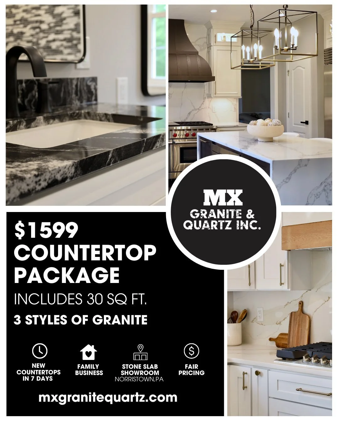 ✨ $1,599 Countertop Package Deal! ✨

Upgrade your kitchen with 30 sq. ft. of beautiful granite countertops &mdash; all for just $1,599!
Choose from 3 stunning granite styles that bring both durability and elegance to your space.

We&rsquo;re a family