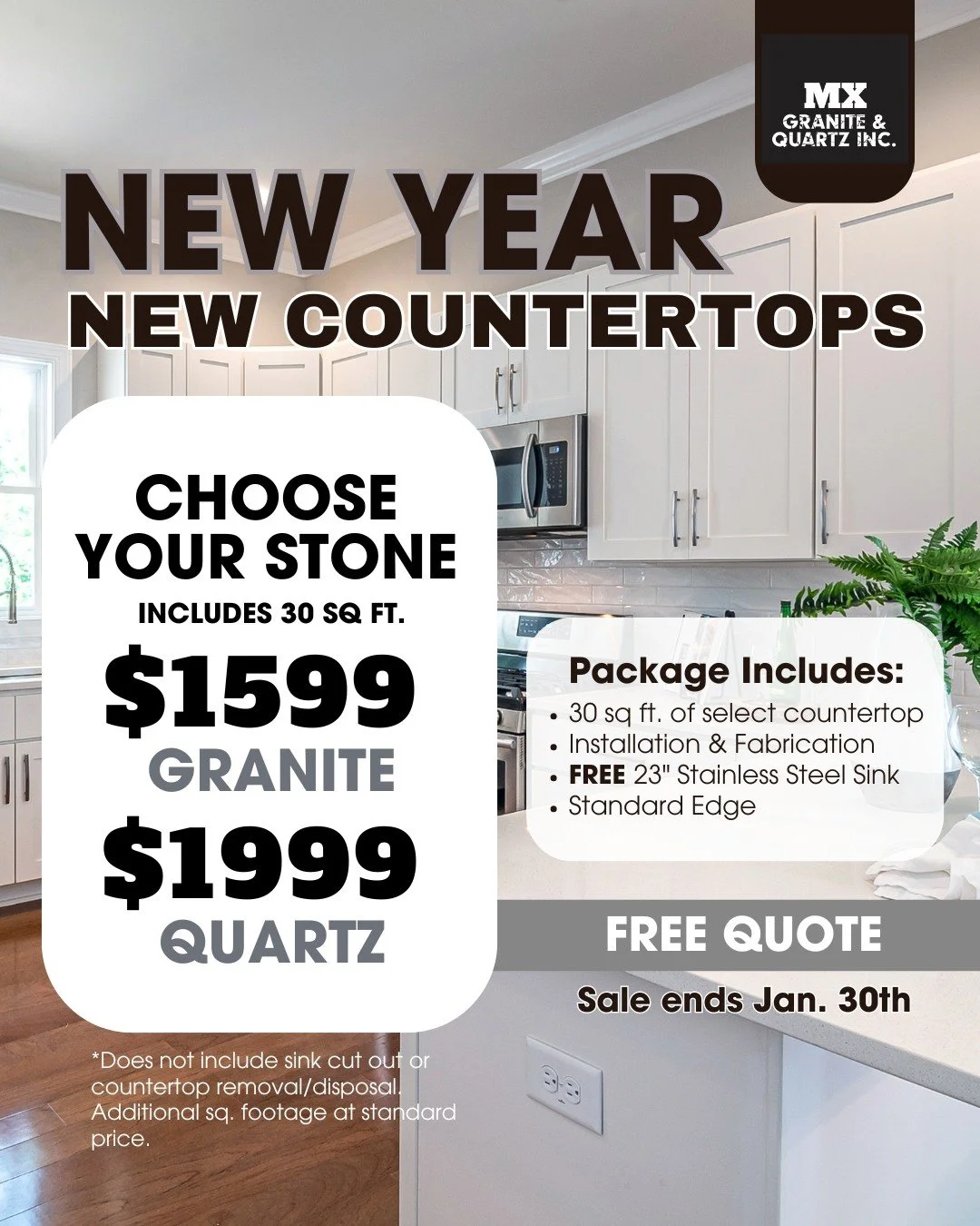 ✨ New Year, New Countertops ✨

Start 2025 with a fresh look for your kitchen or bath! 

✔️ Granite &ndash; $1,599
✔️ Quartz &ndash; $1,999
✔️ Includes 30 sq. ft., fabrication &amp; installation
✔️ FREE 23&rdquo; stainless steel sink

📍 Family-owned 