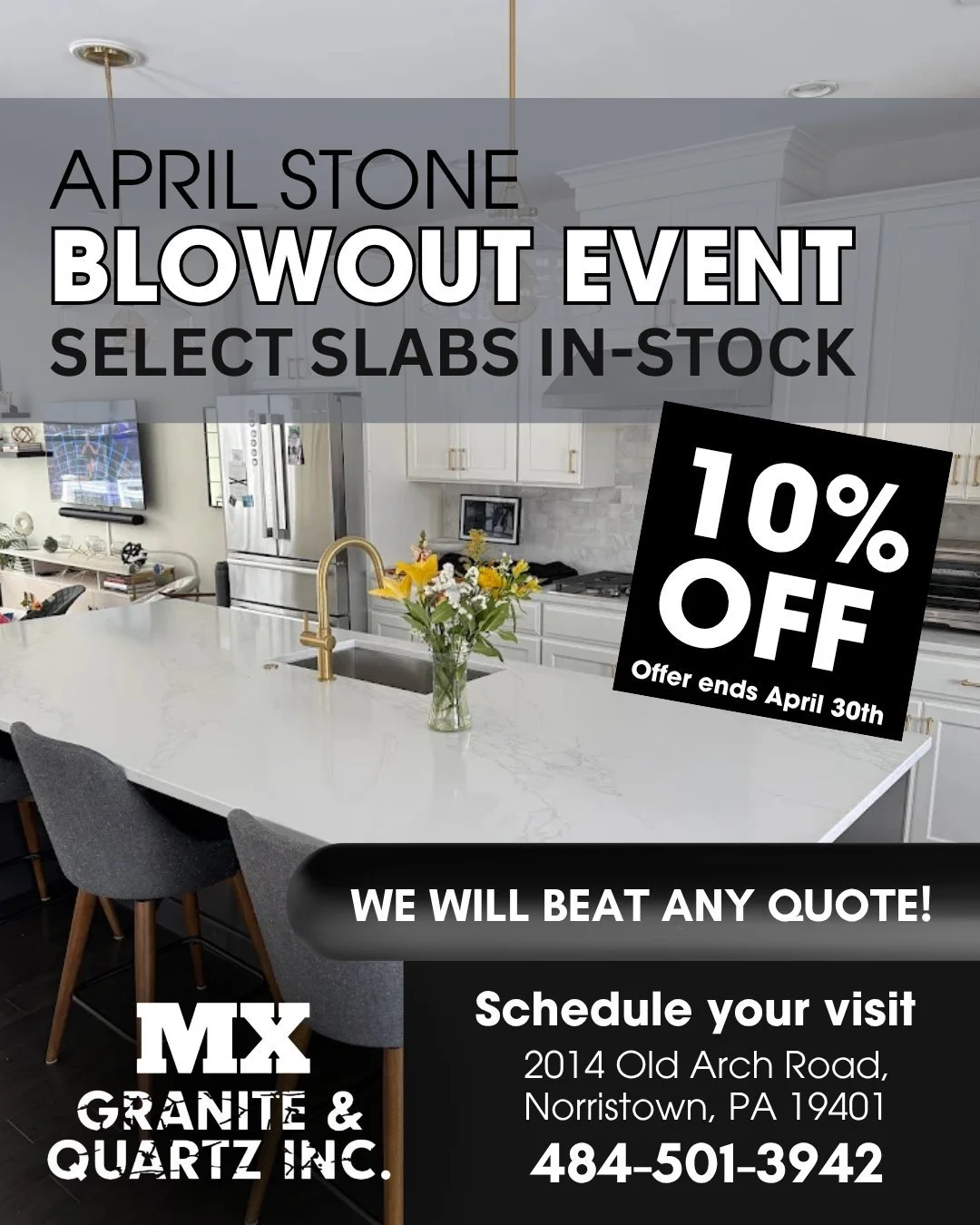 Upgrade your countertops for less this April 🔥

Take advantage of our Stone Blowout Event and save 10% on select in-stock slabs. Whether you're refreshing your kitchen or starting a new project, now&rsquo;s the time to lock in premium stone at unbea