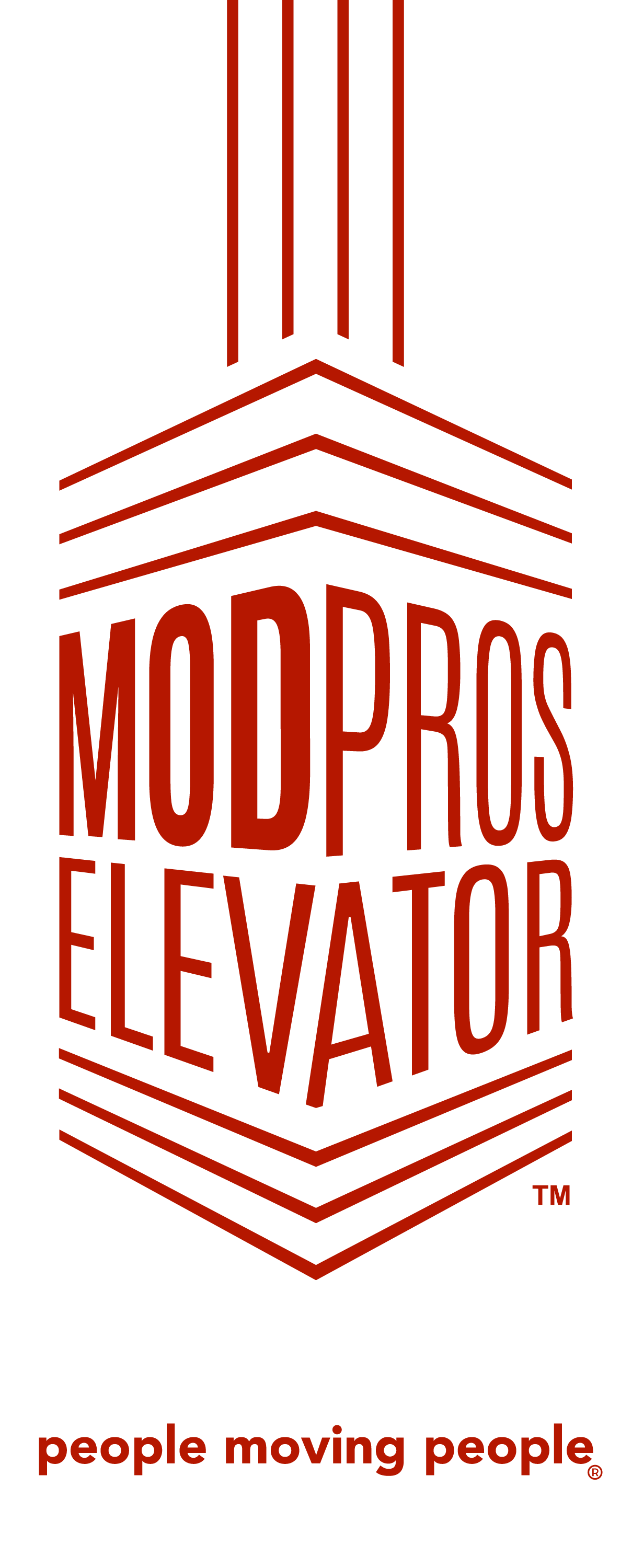 Logo of MOD PROS Elevator with a stylized elevator shaft design and the tagline 'people moving people' at the bottom.