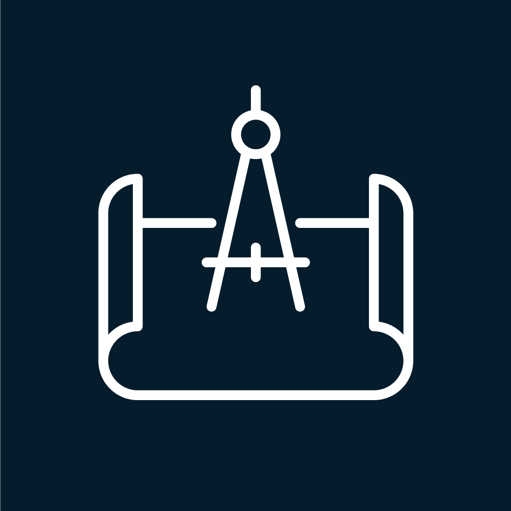 Blue technical drafting compass and rolled blueprint on dark background