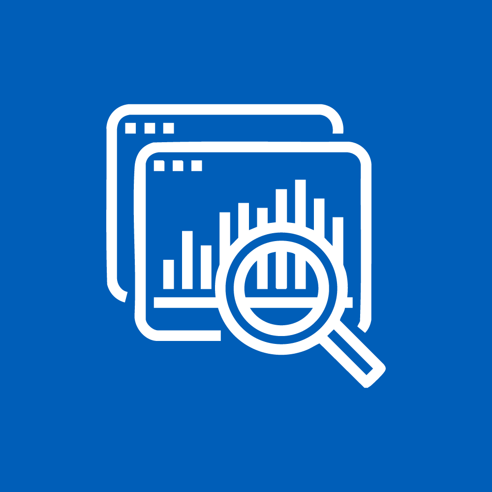 Icon of two overlapping computer screens with bar chart and magnifying glass.