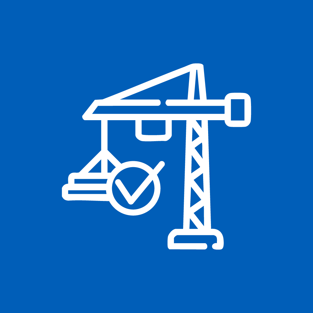Construction crane with a check mark icon indicating completion or approval.