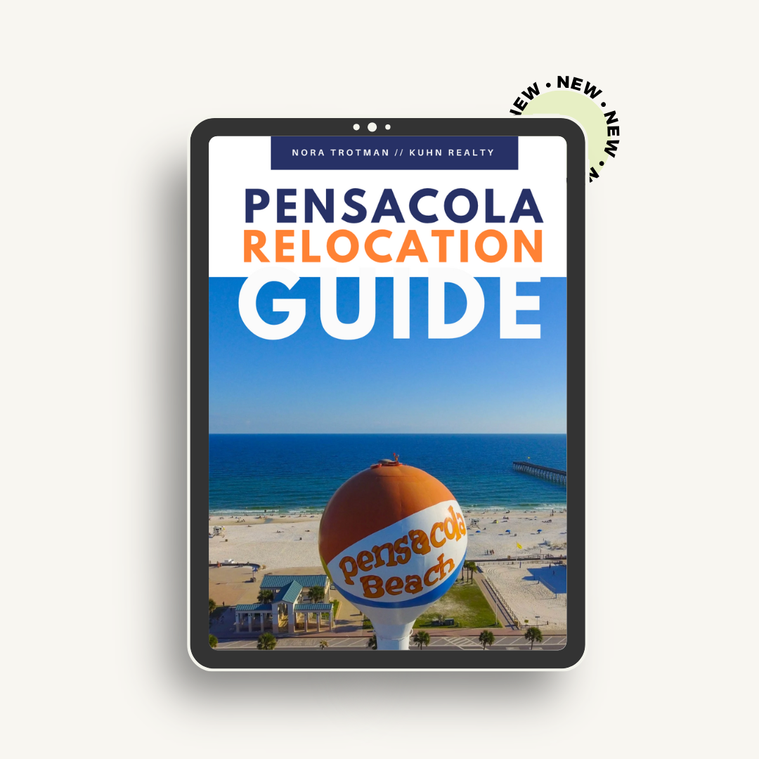 Cover of a Pensacola relocation guide featuring a beach scene with water tower labeled 'Pensacola Beach' in the foreground and ocean in the background.