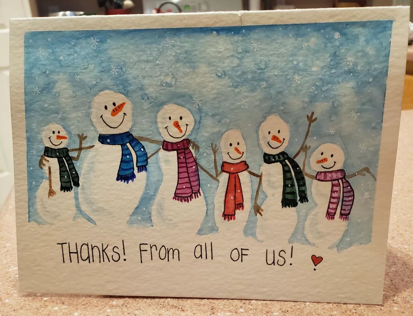 I had fun making this thank you card! I used my last piece of watercolor card paper! I'll have to get some more! I love these little not too overwhelming projects. 😄

#snowmanwatercolorpainting
#thankyoucarddesign 
#thankyoucard
#winterthankyoucards